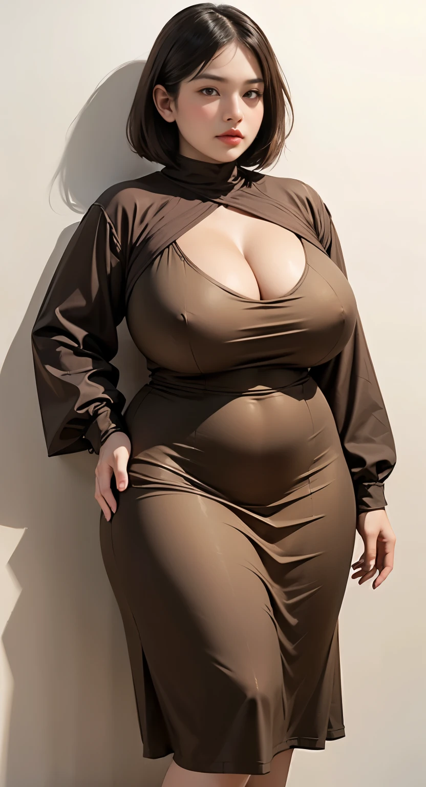 woman in brown dress and shorts hairstyle Leaning against the wall of the dark room, wearing a polite brown clothes , hijab outfit, with a long brown dress , longest dress fashion model, plus size, plus size woman, wearing brown longest dressed , woman in brown longest dress , beautiful Indonesia woman, thicc, brown outfit,, wearing a brown robe, brown , with longest hand clothes , bbwchan, large cleavage, very large cleavage, massive cleavage , wearing a sneakers, 35 years old woman, asian women , short hair , full body, thick neck , massive thighs , thick cheeks , Indonesian goddess 