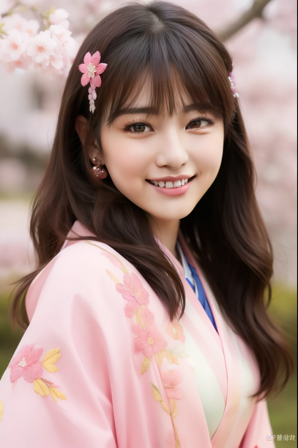 ulzzang-6500-v1.1,(masterpiece, highest quality:1.3), (Ultra-detailed 8K:1.2), (hyperrealistic:1.35),(Raw photo:1.2),High resolution, wallpaper,extreme intricate detail, ultra hd, BREAK (Japanese women:1.3), 20yo, (bewitching smile:1.3), (super beautiful woman:1.3), beautiful skin, detailed eyes, detailed face, long hair, (full shot:2.0), (SAKURA background, Cherry blossoms that fill you up1.3), BREAK (SAKURA theme:1.3), (pink color KIMONO with SAKURA embroidery:1.4),(Hair accessories with a SAKURA motif:1.3),