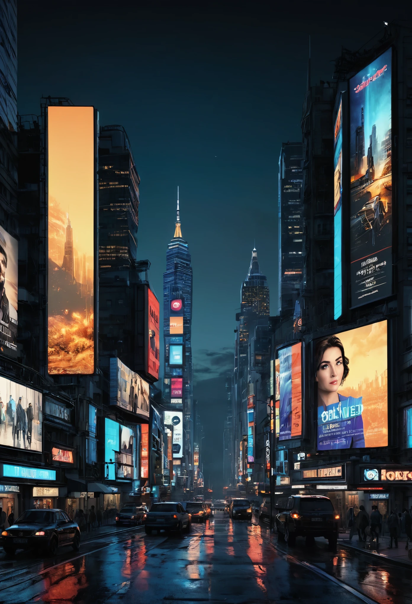 ((illuminating movie billboards:1.4)), at night:1.3, ((city:1.3)), busy street, ((perfect, Meticulously detailed, flawless, film-like, cinematic: 1.5), ((Masterpiece ) ), (Hyper Detailed: 1.3), (Photorealistic: 1.4), Epic, Night: 1.3, Dark: 1.3, 32k.