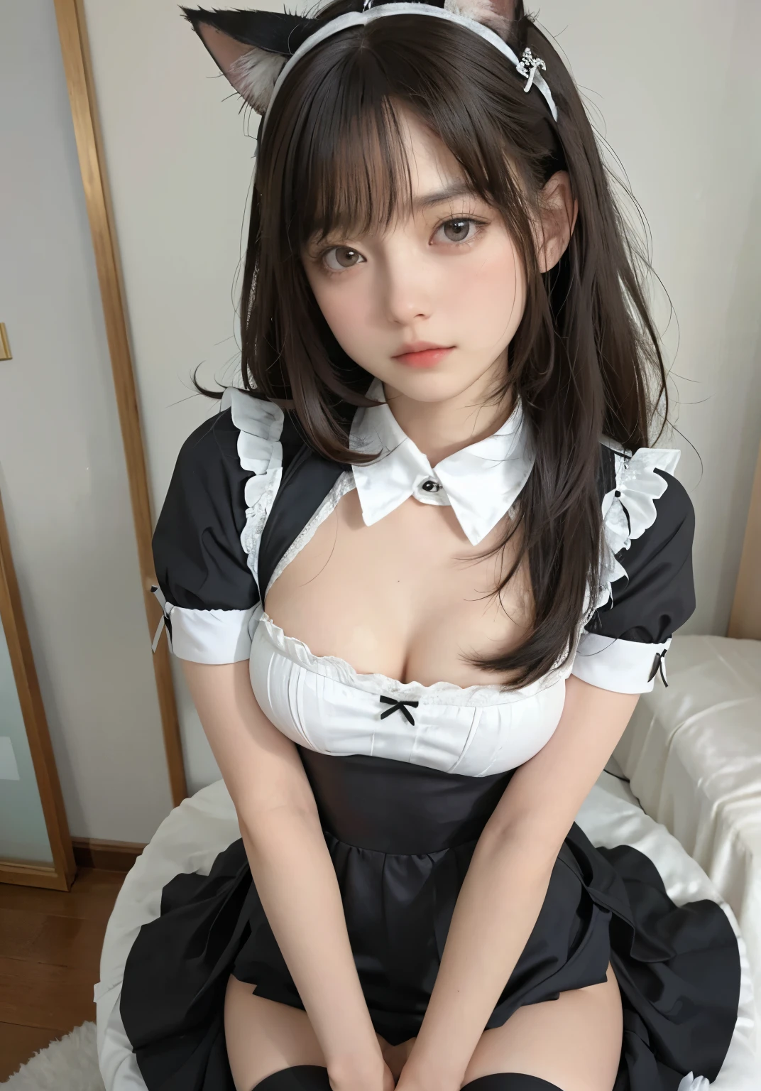 big deal ，丰满的cat ears，，livestock，Thigh width，Lopp，，白色maid outfit，japanese lady，lovely maid，cat ears的女人，harness，Kangjie，realistically，emphasize，top quality，masterpiece，1 girl 1 girl，curls，Pale complexion，cat ears，cat eyeball，thick eyebrows，thick lips，There is a scar on the right eye，freckle，，small waist，Thigh width，thigh gap，，maid outfit，，，big dealboobediuml breasts，Legs sweat，，，best quality，masterpiece，ultra high resolution，（Fidelity：1 girl.4 pieces），original photo，1 a girl a girl，Mature，，Light，moody，Innocent