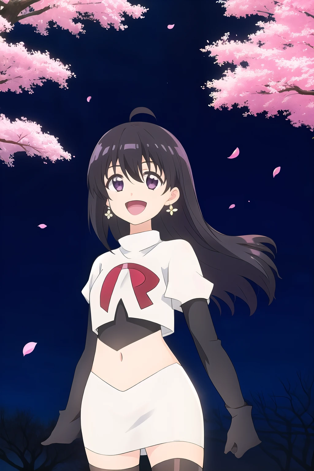 maple, 1girl, solo, long_hair, looking_at_viewer, short_hair, bangs, black_hair, hair_between_eyes, jewelry, very_long_hair, purple_eyes, purple_hair, ahoge, :d, sidelocks, earrings, outdoors, sky, shiny, shiny_hair, flat_chest, dated, tree, petals, night, floating_hair, cherry_blossoms, short_hair_with_long_locks,team rocket,team rocket uniform, red letter R, white skirt,white crop top,black thigh-highs,black elbow gloves