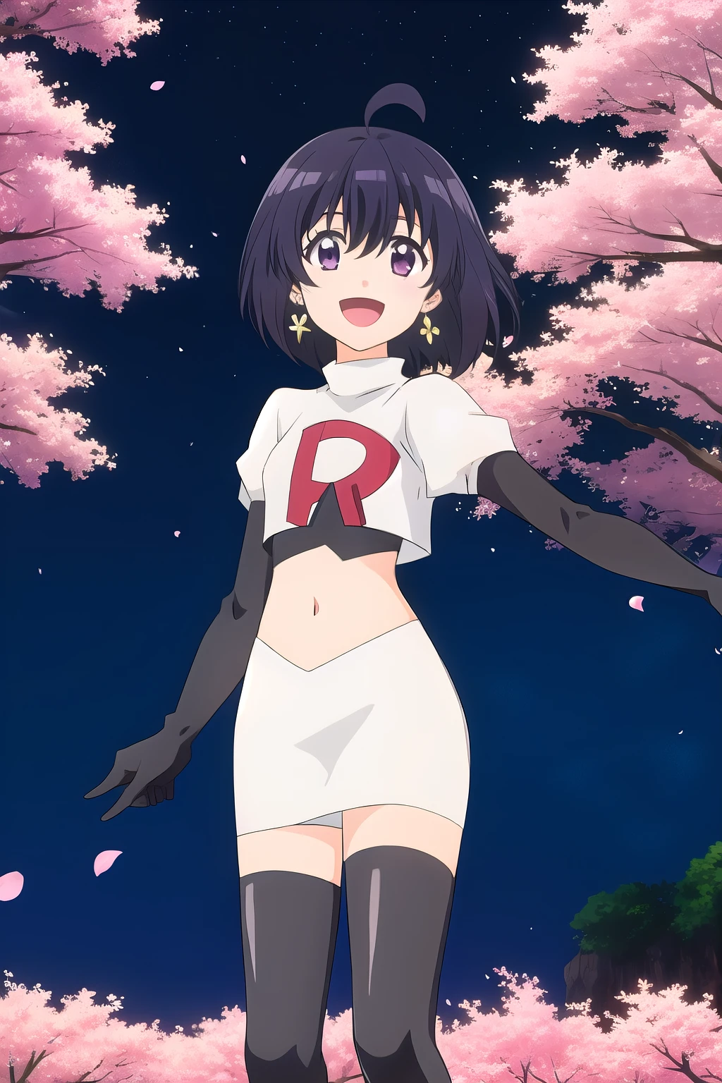 maple, 1girl, solo, long_hair, looking_at_viewer, short_hair, bangs, black_hair, hair_between_eyes, jewelry, very_long_hair, purple_eyes, purple_hair, ahoge, :d, sidelocks, earrings, outdoors, sky, shiny, shiny_hair, flat_chest, dated, tree, petals, night, floating_hair, cherry_blossoms, short_hair_with_long_locks,team rocket,team rocket uniform, red letter R, white skirt,white crop top,black thigh-highs,black elbow gloves