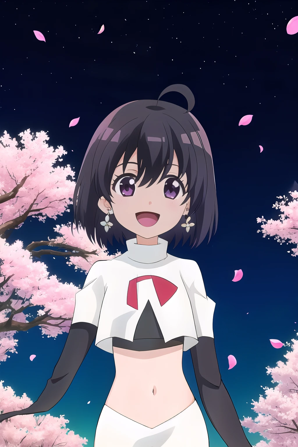 maple, 1girl, solo, long_hair, looking_at_viewer, short_hair, bangs, black_hair, hair_between_eyes, jewelry, very_long_hair, purple_eyes, purple_hair, ahoge, :d, sidelocks, earrings, outdoors, sky, shiny, shiny_hair, flat_chest, dated, tree, petals, night, floating_hair, cherry_blossoms, short_hair_with_long_locks,team rocket,team rocket uniform, red letter R, white skirt,white crop top,black thigh-highs,black elbow gloves