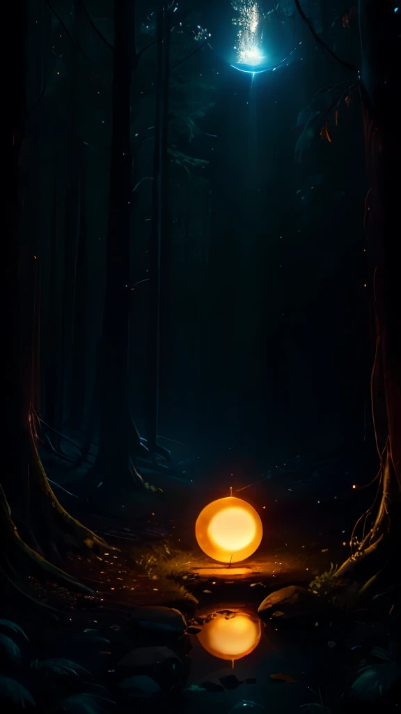 Picture a serene pond in the heart of a lush forest, with sunrays filtering through the leaves, casting dancing shadows on the calm water. In the center of the pond, a luminous object floats, shining with a warm and radiant glow. It appears to be a crystal orb, with facets that reflect the surrounding colors and shapes, enhancing the beauty of its environment.

The orb is made of countless microscopic particles that emit a gentle, pulsating light, creating a mesmerizing spectacle. Each particle refracts the sunlight, creating rainbow hues that dance on the water surface. The scene is peaceful and harmonious, evoking a sense of wonder and a