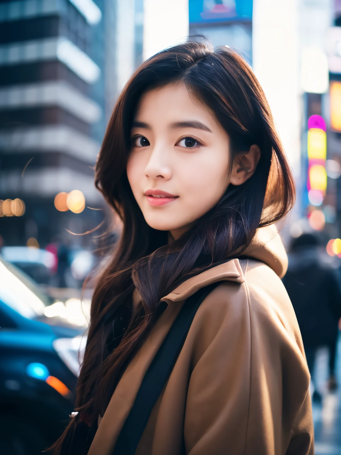 lifelike, 8K, Full body poster from head to toe, beautiful woman, Attractive look, Hair style is ponytail, 20 years old, Tokyo, 2023, winter clothing, Shibuya background