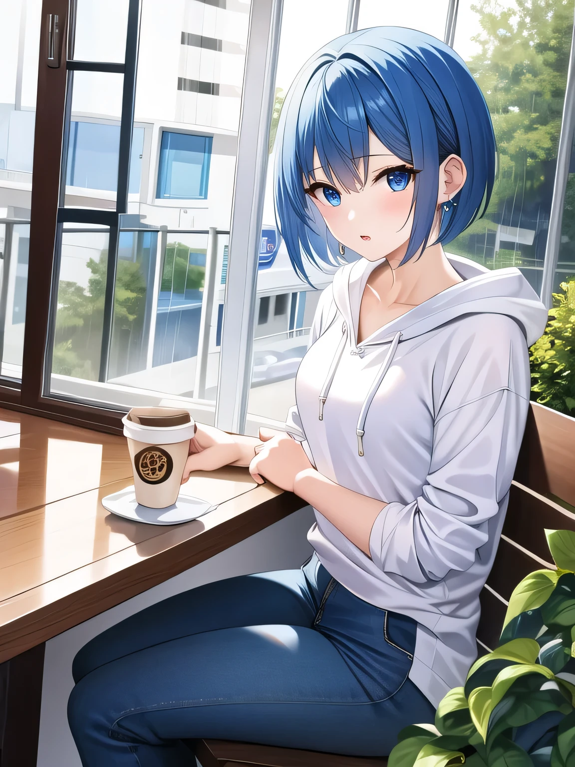 (masterpiece), highest qualthaty, blue eyes, bright blue hair,(short bob hair)、expressive eyes, I&#39;m sthatting in a chair by the window of a coffee shop, stare at the rain outside the window.、You can see the natural scenery from the window、that&#39;it&#39;s raining、 highlight, whthate hoodie、jeans、earrings、（（Looking up at the rainy sky））、((small breasts))、