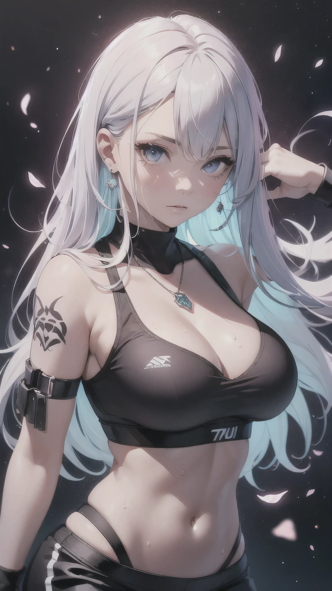 最high quality、best image quality、masterpiece、girl((20-year-old、 By becoming、vest bust、medium bust,wide open breast tea、shining eyes, silver hair、long hair、thin,highest valley、black sports bra、black sports pants、black short skirt、shoulder tattoo,diamond earrings、Wristband、black gloves、necklace、fighting pose、scattering sweat、sweating)),high quality、beautiful art、background((Virtual space、neon lighting、neon light、virtual ring))、Flight、debris flies、Depth of written boundary、movie、visual art、perfect art、8K,genuine、Dynamic Performance