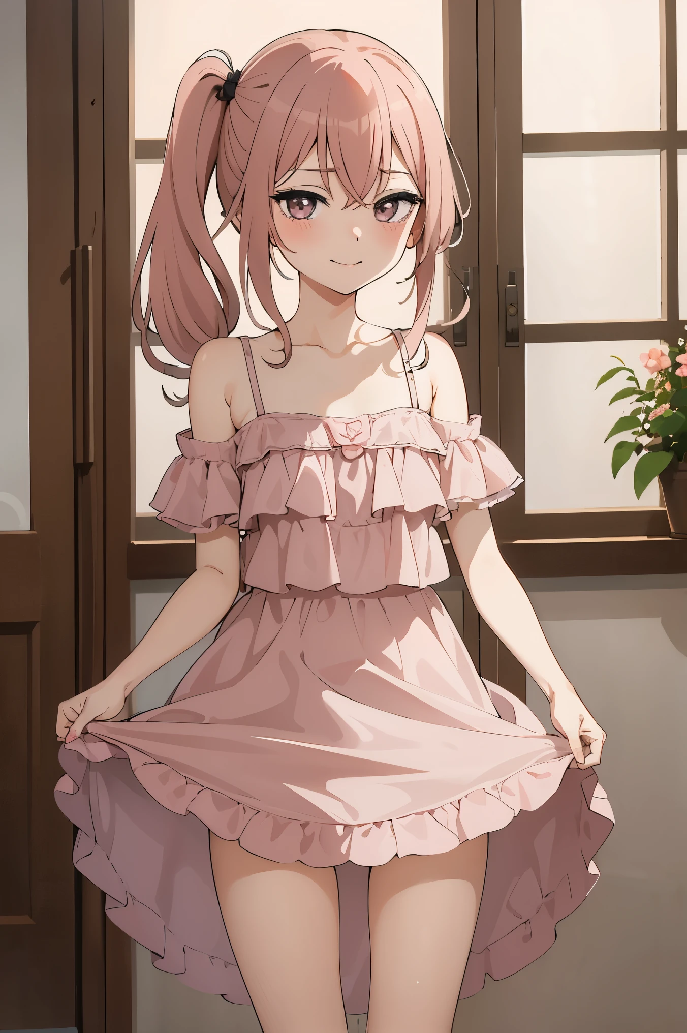 best quality, (masterpiece:1.2), detailed,
inui sajuna juju,
1girl, solo, closed mouth, smile, blush, small breasts
pink hair, pink eyes, long hair, side ponytail, dress lift, pink panties, lifted by self, exposed panties, (pink panties)
pink dress, collarbone, spaghetti strap,
 looking at the viewer, lifting dress by both hands, lifting dress, 
indoors, room, , night