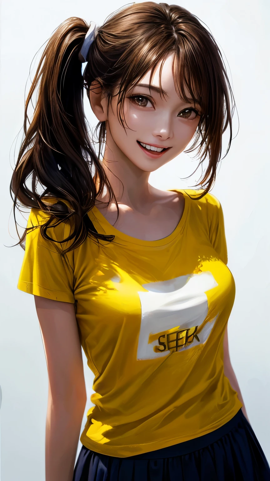 (highest quality、8K、32k、masterpiece)、(realistic)、(Photoreal:1.2)、(High resolution)、Super detailed、very beautiful face and eyes、1 girl、round and small face、thin waist、delicate body、(close、highest quality、high detail、Rich skin details)、(highest quality、8K、oil paint:1.2)、Super detailed、(realistic、realistic:1.37)、bright colors、(((brown hair)))、(((bust shot)))、(((long hair)))、(((side ponytail hair)))、(((pure white wall background)))、(((pure white wall background)))、(((She has a happy expression)))、(((laughter)))、(((Wearing a yellow T-shirt)))、(((This is a T-shirt with the word beauty written on the chest.)))、(((look straight ahead)))、(((the skirt is short)))、(((teeth visible)))、(((Hands are above the head)))、