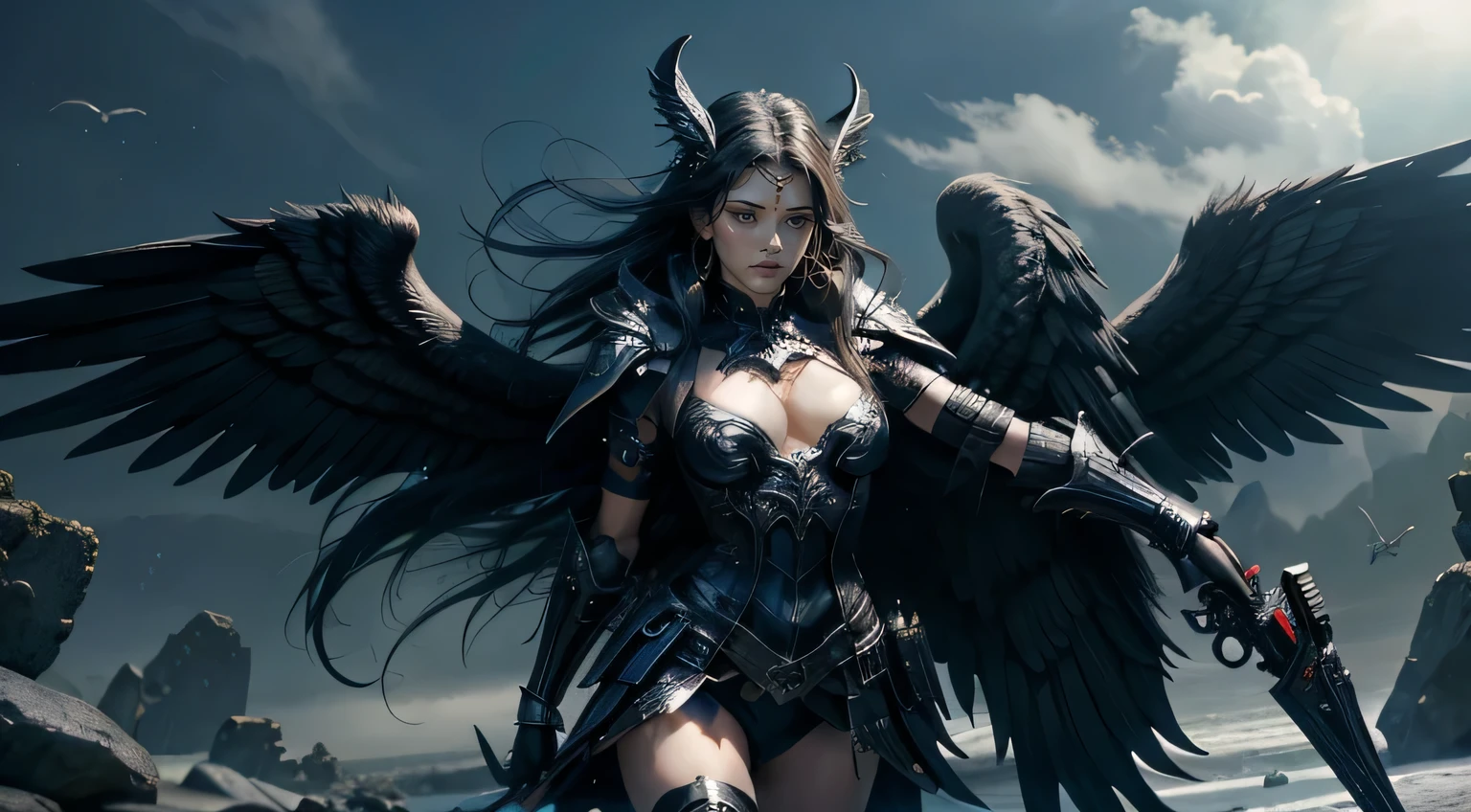 a close up of a woman with wings on a beach, angel knight gothic girl, villainess has black angel wings, as a mystical valkyrie, angel knight girl, dark feathered wings, artgerm ; 3d unreal engine, gothic fantasy art, 2. 5 d cgi anime fantasy artwork, unreal engine fantasy art, by Yang J, amazing fantasy art