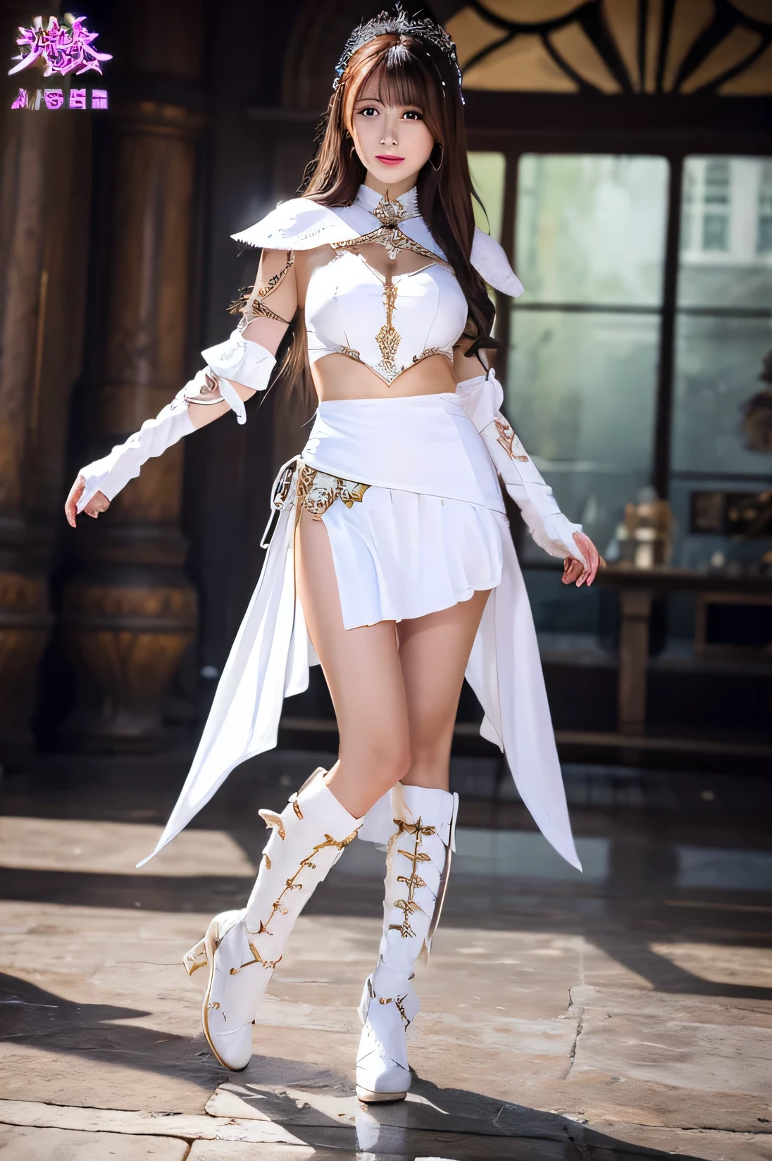 genuine, whole body,Fantasy Female Warrior, white costume, mini skirt, medium long hair, 40beautiful mature woman,
