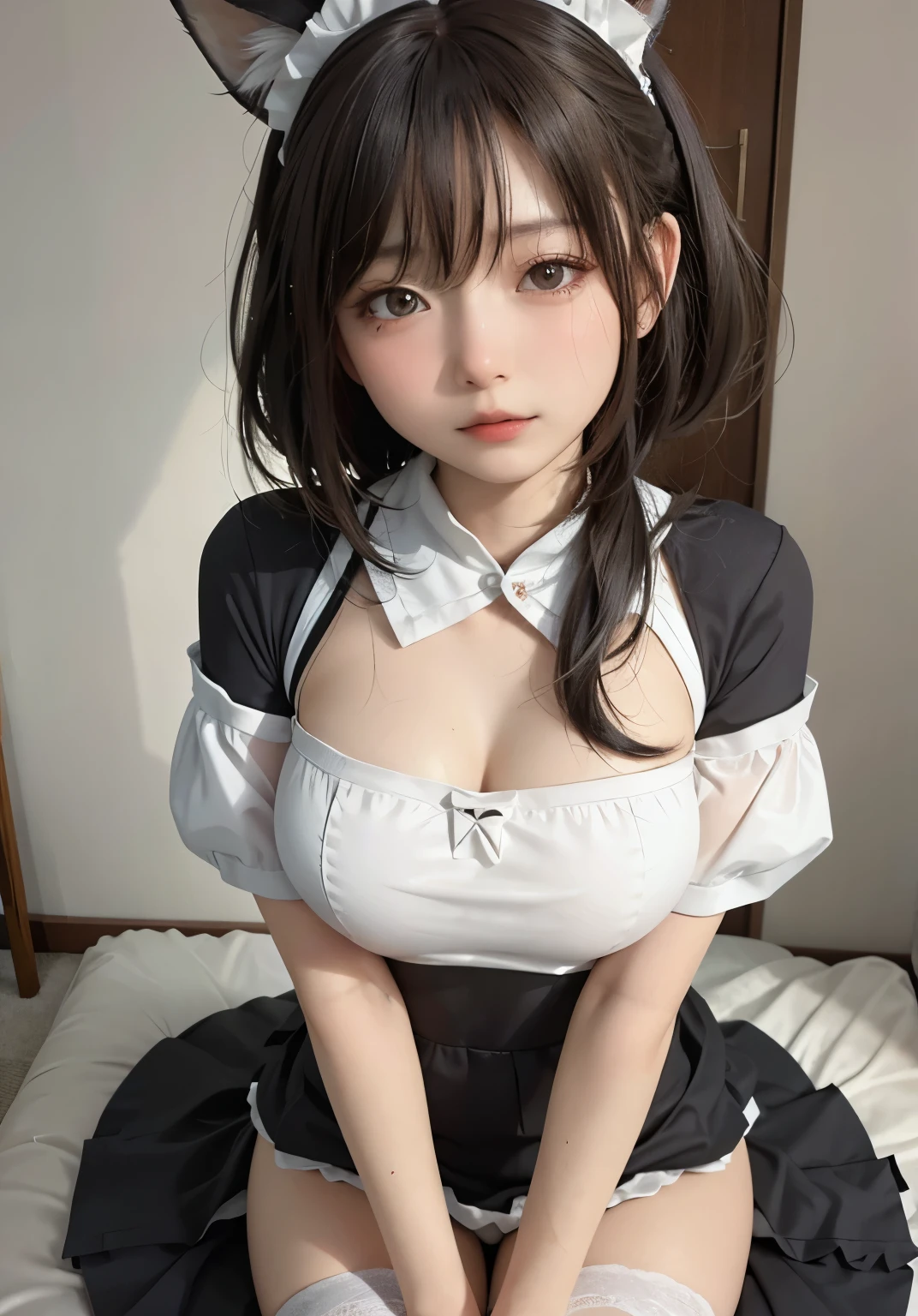 big deal ，丰满的cat ears，，，Thigh width，Lopp，，白色maid outfit，black maid outfit，japanese lady，lovely maid，cat ears的女人，harness，Kangjie，realistically，emphasize，top quality，masterpiece，1 girl 1 girl，curls，Pale complexion，cat ears，cat eyeball，thick eyebrows，thick lips，small waist，Thigh width，thigh gap，maid outfit，big dealboobediuml breasts，Legs sweat，巨big deal，，best quality，masterpiece，ultra high resolution，（Fidelity：1 girl.4 pieces），original photo，1 a girl a girl，aldult，Light，moody，innocent, korean girl, beautiful asian woman, V-shaped bust clothes, low cut，巨big deal deal，Expose the upper half of the chest，not compact，saggy big breasts，Gorgeous Chinese model, Beautiful young Korean woman, Japanese model, thick lips，duckbill，asian girl, Beautiful young Korean woman，scantily clad, beautiful korean woman, sitting on bed, Looking to the future,巨big deal deal，big deal deal，up,portrait photo，super closeup,face camera，仔細拍照​masterpiece, Super detailed, ultra high resolution, (Real and lifelike photos: 1.37), Light color、detailなパンティーパターン、focus、HD RAW color photography, extremely delicate and beautiful, 非常にdetail, 8K wallpaper, Astonishing, (8K, original photography, top quality, ​masterpiece: 1.2), detail, 非常にdetailな目, 非常にdetailな肌, 非常にdetailな指, h非常にdetail nose, 非常にdetailな口, perfect anatomy,1 girl in, vague, vague background, Blurred foreground, blush, braid, 巨big deal山雀, depth of field, Eyebrows visible through hair, hair between eyes,short hair,alone, 巨big deal 、nogizaka idol，super close-up