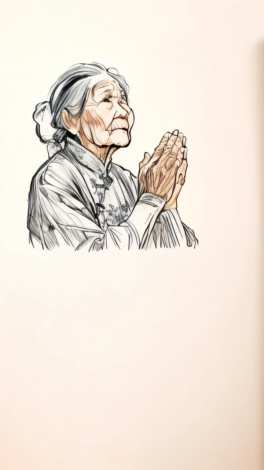drawing of an old woman pray with her hands clasped, pray posture, by Li Zai, Chinese brush illustration, pray, author：Zhu Lian, author：Yang Borun, Inspired by Ruth Jên, Inspired by Lu Ji, traditional style, doing a prayer, by Qu Leilei, by Shi Zhonggui, old woman, prayer