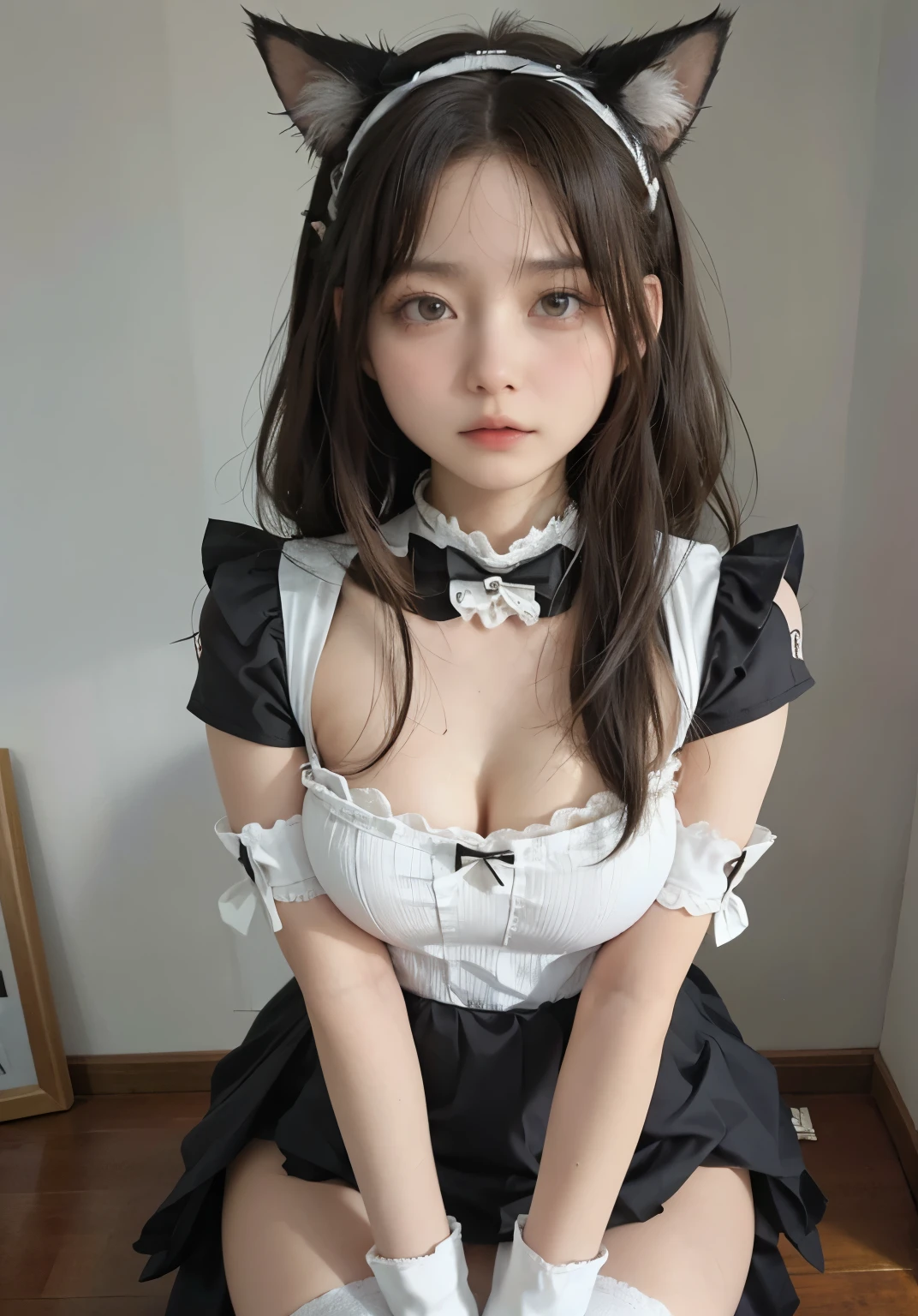 big deal ，丰满的cat ears，，livestock，Thigh width，Lopp，，白色maid outfit，japanese lady，lovely maid，cat ears的女人，harness，Kangjie，realistically，emphasize，top quality，masterpiece，1 girl 1 girl，curls，Pale complexion，cat ears，cat eyeball，thick eyebrows，thick lips，There is a scar on the right eye，freckle，，small waist，Thigh width，thigh gap，，maid outfit，，，big dealboobediuml breasts，Legs sweat，，，best quality，masterpiece，ultra high resolution，（Fidelity：1 girl.4 pieces），original photo，1 a girl a girl，Mature，，Light，moody，Innocent