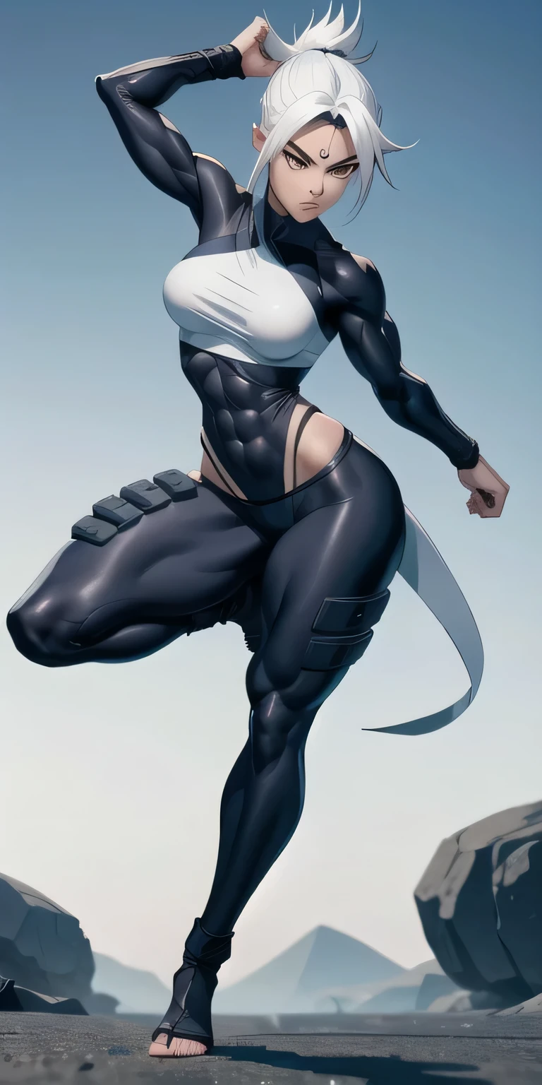 a ninja, cara bonita, serious face, cabelo branco, olhos vermelhos, corpo perfeito, corpo em forma, abdomen, seios grandes, muscular, kakashi feminino, cabelo branco, corpo sexy, sem roupa 