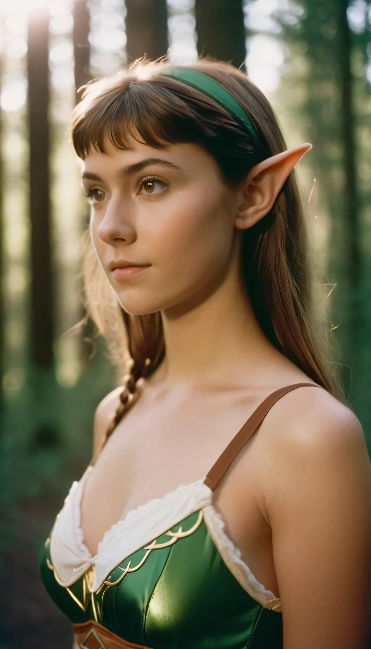 analog film photo, photo of a young girl, 18 years-old, (hylian sports bra:1.1), elf, elf ears, long pointy ear tips, brown eyes, light-brown sun-tanned skin, goosebumps, pretty, natural beauty, resembles a young Mary Elizabeth Winstead, misty morning, elven forest, RAW Photograph, dslr, soft lighting, high quality, film grain, Fujifilm XT3, detailed skin with visible pores, insane details, masterpiece, 8k, 35mm photograph, dslr, kodachrome, faded film, desaturated, 35mm photo, grainy, vintage, Kodachrome, Lomography, stained, highly detailed, found footage, close-up shot, elven ears