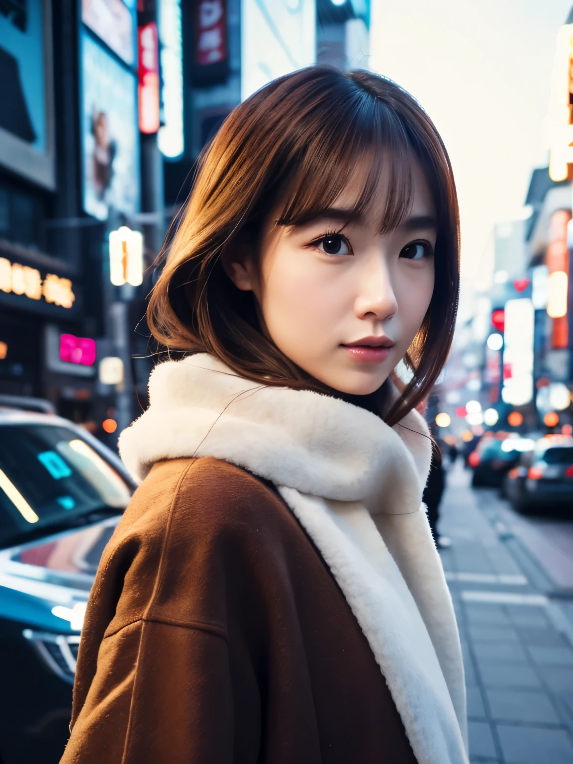 lifelike, 8K, Full body poster from head to toe, beautiful woman, Attractive look, Hair style is ponytail, 20 years old, Tokyo, 2023, winter clothing, Shibuya background