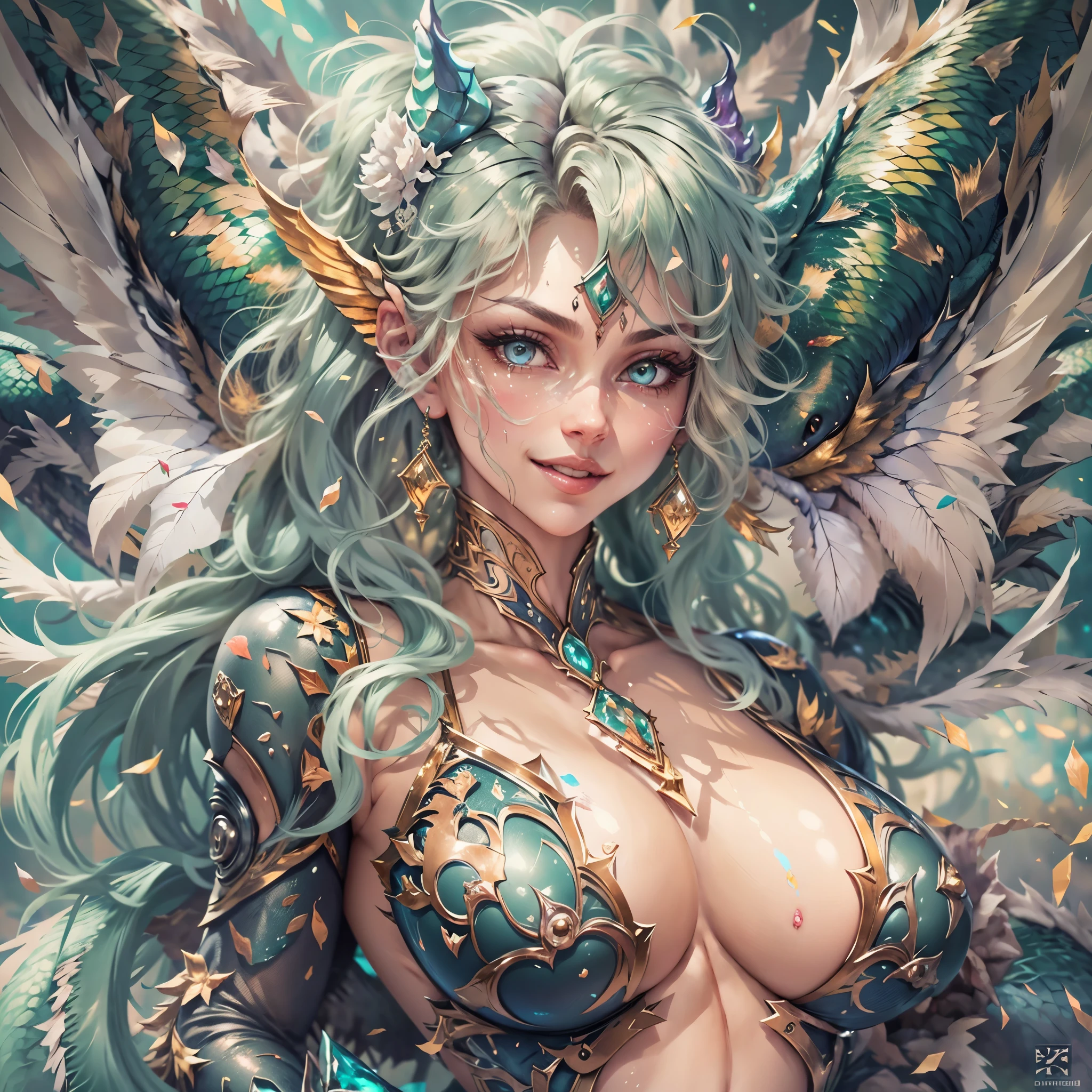 (best quality,4k,8k,highres,masterpiece:1.2), ultra-detailed, realistic, naked sexy dragon woman with green and blue glittering scales, skin is glittering green and blue scales, medium length wavy green hair with blonde highlights, very playful but mischievous smile, huge tits, gigantic breasts, naked, nude, detailed crotch, detailed vulva, detailed pussy, sexy pose, spread legs, spread pussy lips, playful, bi-coloured eyes, heterochromia, lustful