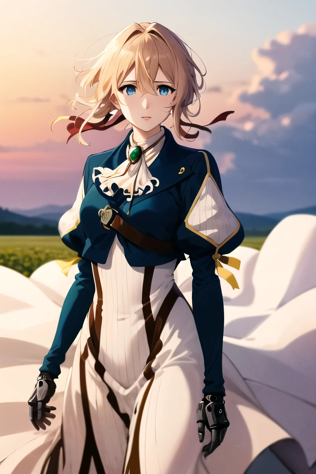 masterpiece, highest quality, High resolution, violet evergarden, Braid, hair ribbon, red ribbon, jewelry, white ascot, brooch, blue jacket, long sleeve, mechanical hand, white dress, long dress, outdoor, field, Wind, floating hair, Are standing, cowboy shot,