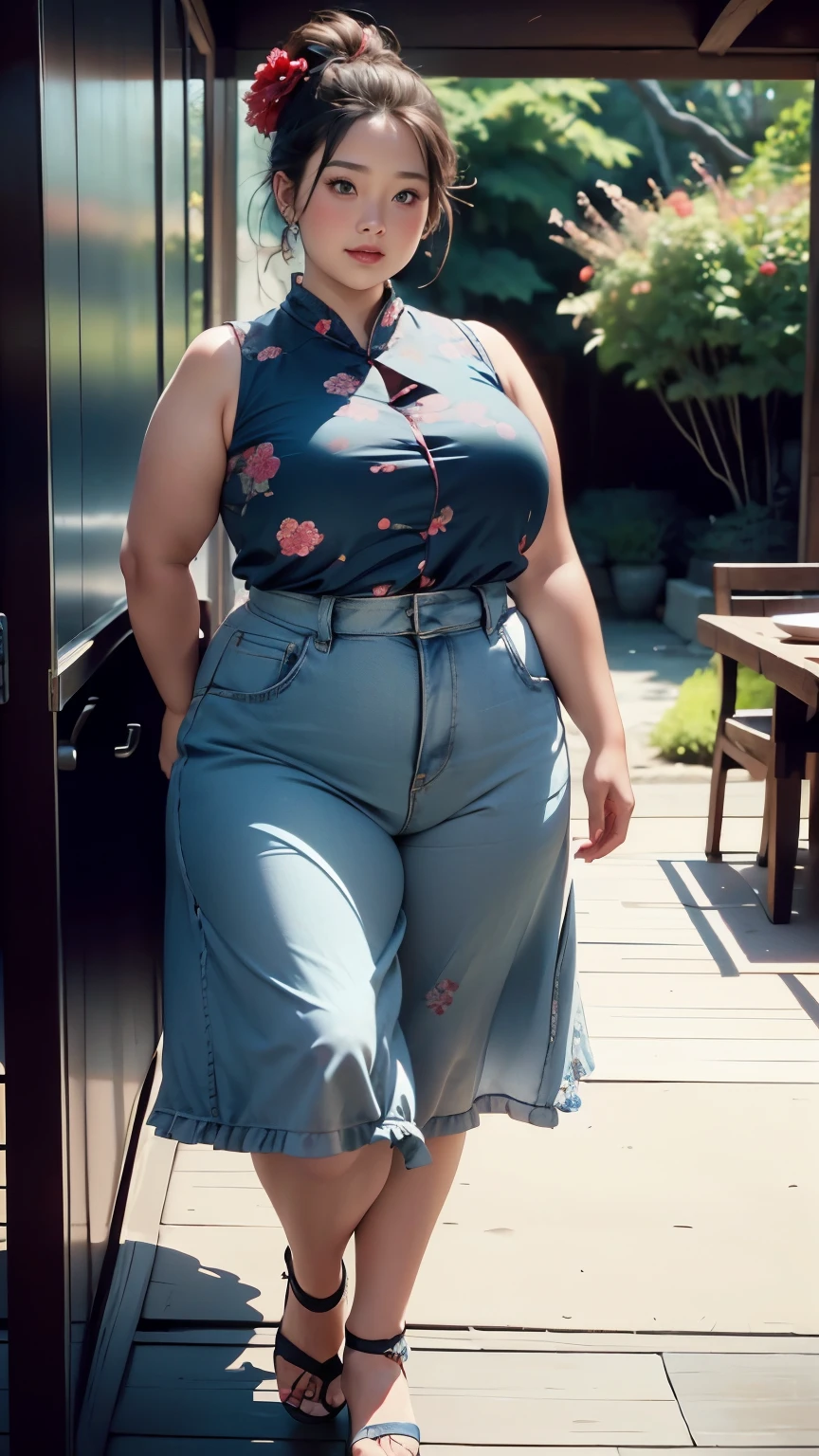 ((中景 the scene is,A full body))1 girl, Obese body, generous dimensions, face round, double chin, Overweight,Short hair tied up ,Sleeveless blue and red floral shirt,Highlight the breasts,Put her weight on her stomach,looks into camera,black room background,ssmile,