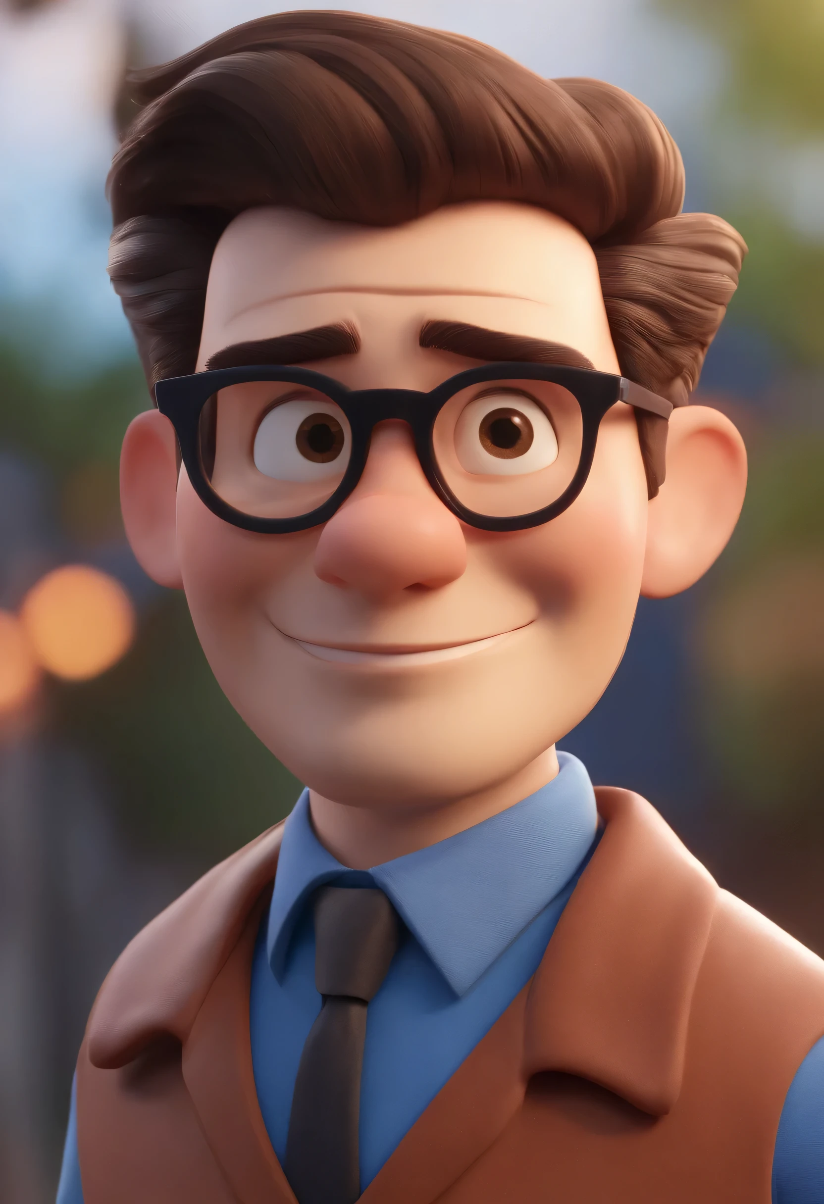 Cartoon character of a man wearing black glasses and a blue shirt, um personagem animado, Caractere estilizado, animation style rendering, 3D estilizado, Arnold Maya render, 3 d render stylized, toon render keyshot, Personagem 3D, Personagem 3D, 3d rendering stylized, 3 d character render, personagem de desenho animado, Personagem de close up, Pose de personagem, (Estilo Pixar) (master part:1.2) (Bokeh) (best quality) (pele detalhada) (textura detalhada) (8k) (argila) (Cinematic lighting) (sharp focus，Senta e vaza a parte superior do corpo