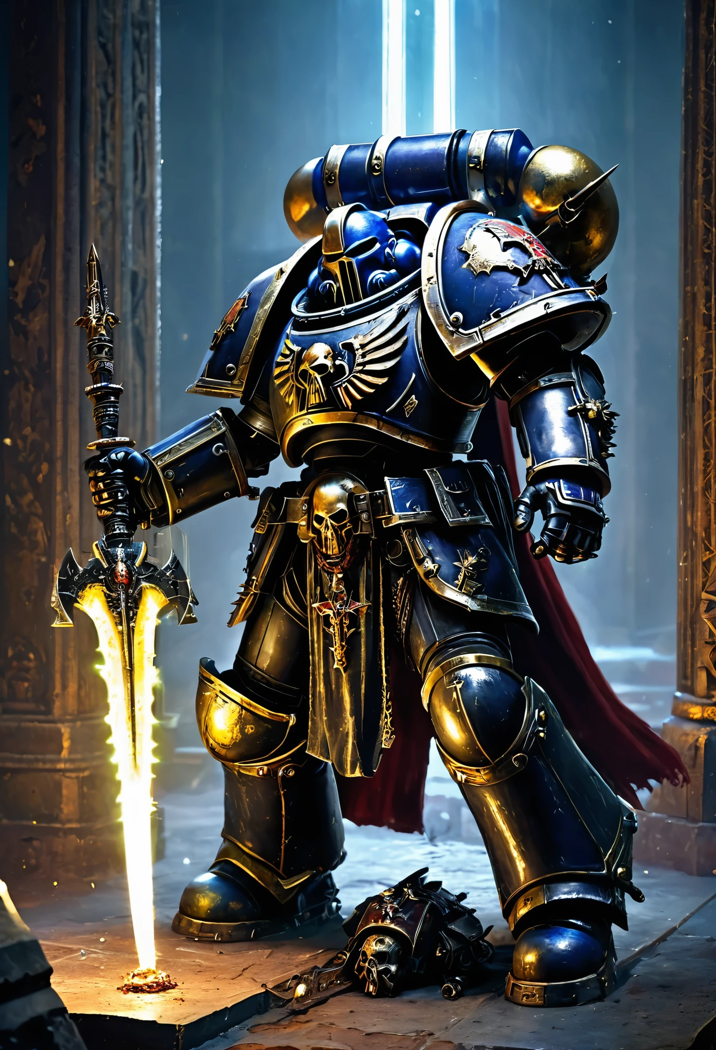 A chaos space marine, in warhammer 40k, has broken into a holy reliquary and reaches for the (Luminous chain sword) the only lights are the sword and indicators on the marine