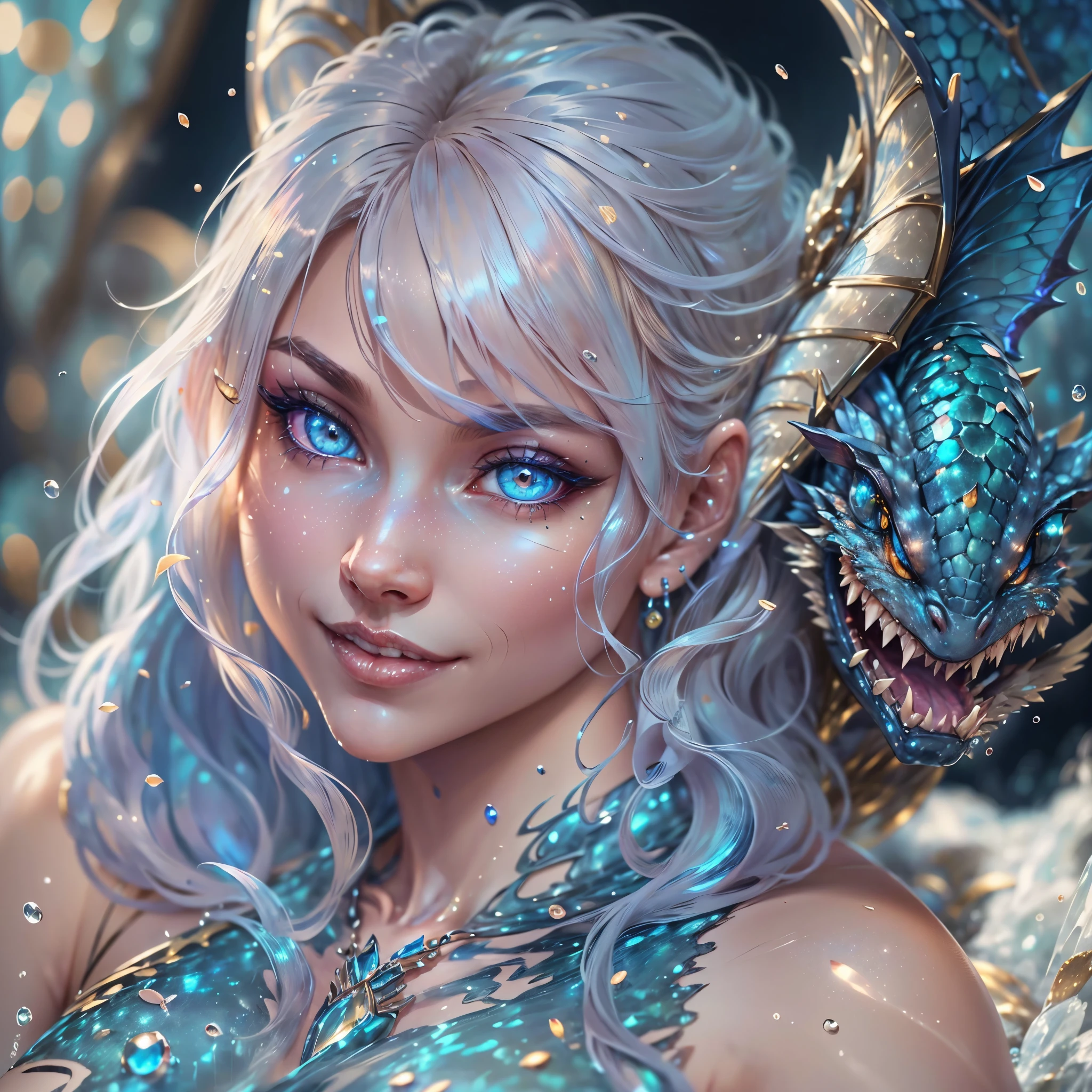 (best quality,4k,8k,highres,masterpiece:1.2), ultra-detailed, realistic, naked sexy dragon woman with blue glittering scales, skin is glittering sapphire blue scales, short blonde hair, very playful but mischievous smile, huge tits, gigantic breasts, naked, nude, detailed crotch, detailed vulva, detailed pussy, sexy pose, spread legs, spread pussy lips, playful, bi-coloured eyes, heterochromia, lustful