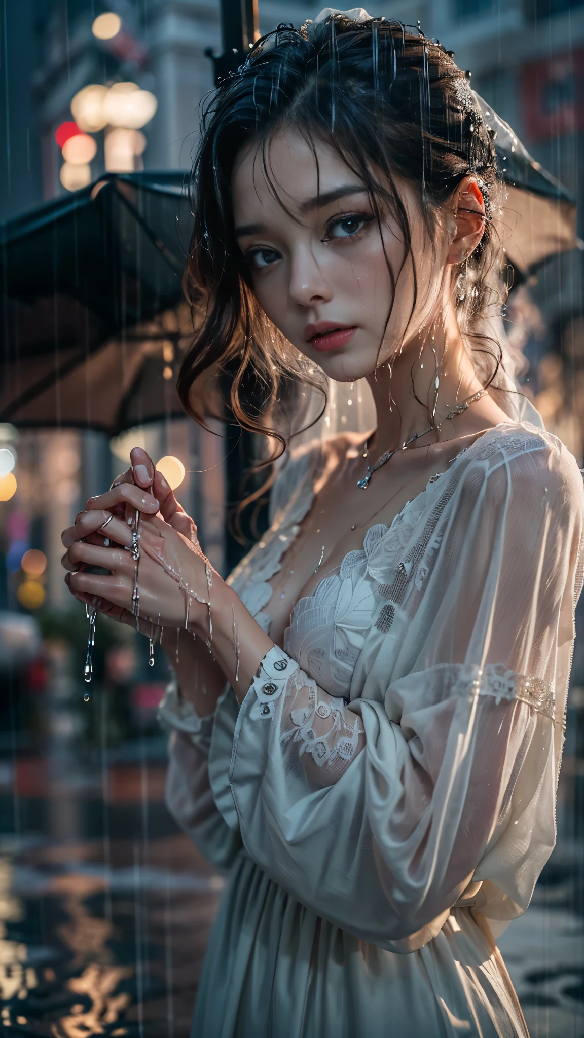 (RAW shooting, Photoreal:1.5, 8K, highest quality, masterpiece, ultra high resolution), perfect dynamic composition:1.2, In front of a church at night in a modern city, expression of sadness:0.4, (((Typhoon heavy rain))), Highly detailed skin and facial textures:1.2, Slim office lady wet in the rain:1.3, Fair skin, sexy beauty:1.1, perfect style:1.2, beautiful and aesthetic:1.1, very beautiful face, water droplets on the skin, (rain drips all over my body:1.2, wet body:1.2, wet hair:1.3), (wet bouquet:1.2, Wet Wedding Dresses:1.3), belt, (Medium chest, Bra is transparent, Chest gap), (cry, lovelorn, The expression on your face when you feel intense caress, Facial expression when feeling pleasure), (beautiful blue eyes, Eyes that feel beautiful eros:0.8), (Too erotic:0.9, Bewitching:0.9), cowboy shot, necklace, earrings, bracelet, clock