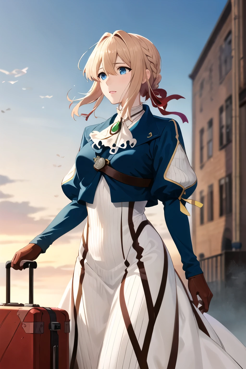 masterpiece, highest quality, High resolution, violet evergarden, Braid, hair ribbon, red ribbon, jewelry, white ascot, brooch, blue jacket, long sleeve, brown gloves, white dress, long dress, Are standing, cowboy shot, outdoor, holding suitcase, 1 suitcase