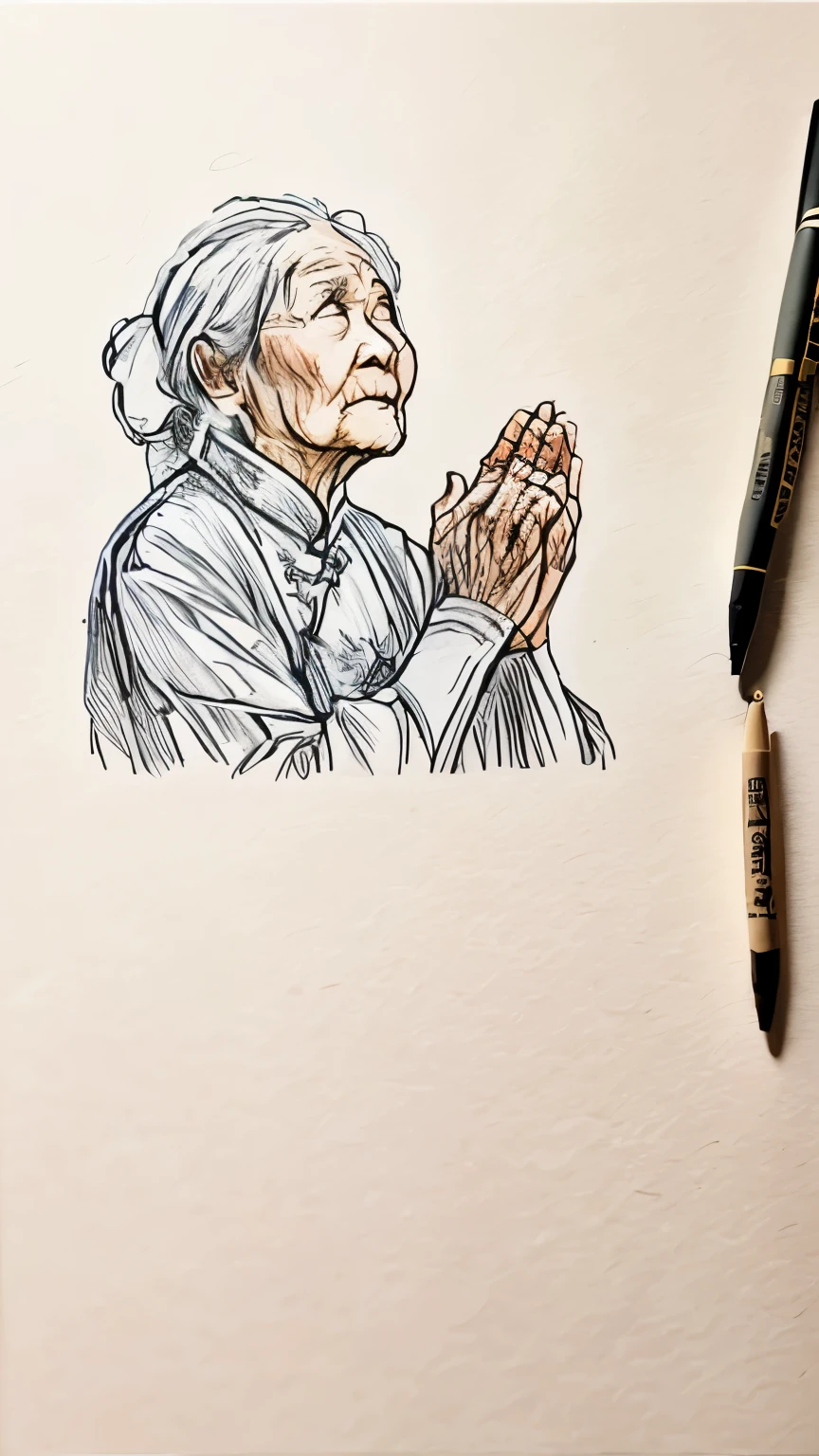 drawing of an old woman pray with her hands clasped, pray posture, by Li Zai, Chinese brush illustration, pray, author：Zhu Lian, author：Yang Borun, Inspired by Ruth Jên, Inspired by Lu Ji, traditional style, doing a prayer, by Qu Leilei, by Shi Zhonggui, old woman, prayer