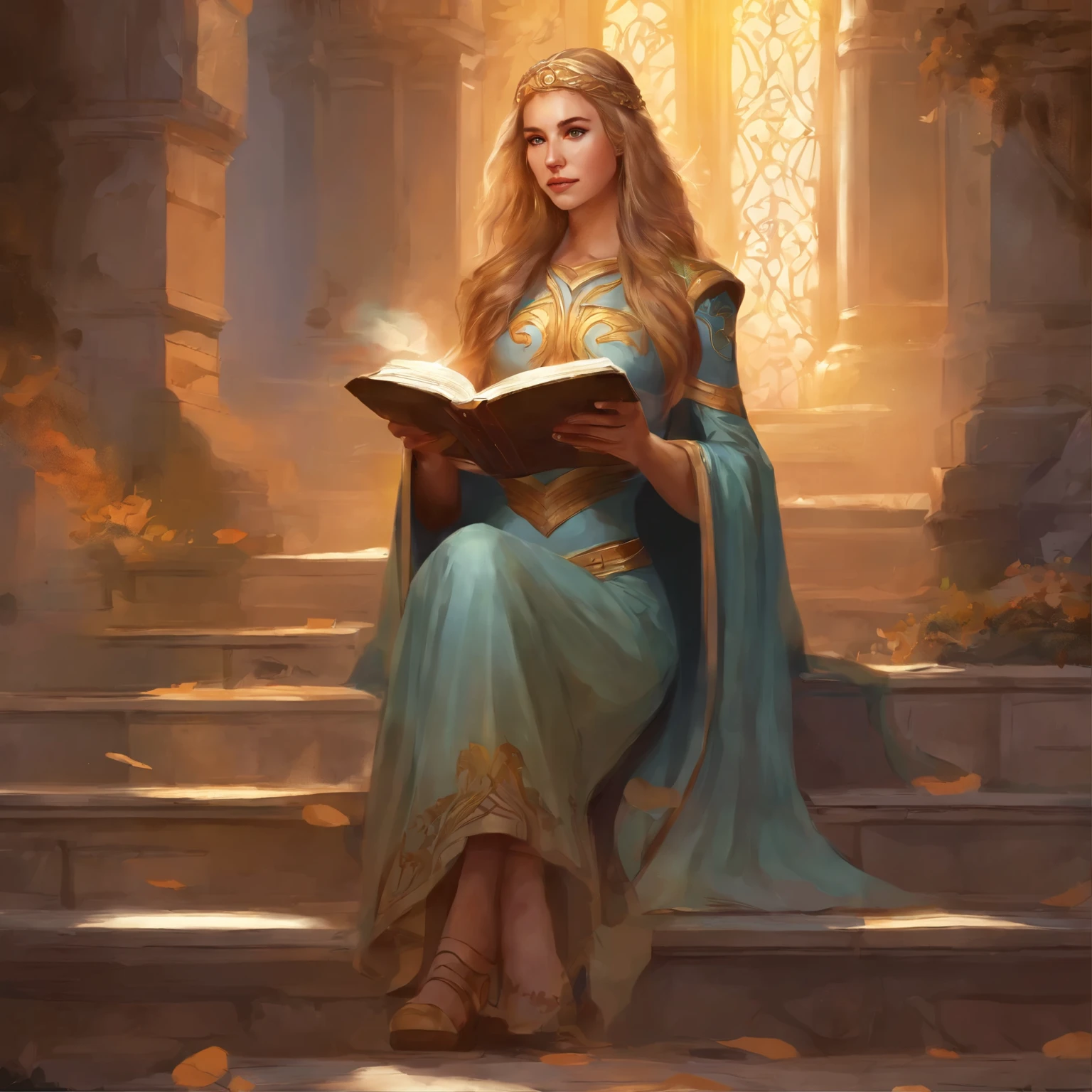arafed woman sitting on steps reading a book while looking at the camera, inspired by Hermione Hammond, imogen poots as holy paladin, imogen poots as a holy warrior, imogen poots, imogen poots paladin, & her expression is solemn, inspired by Violet Fuller, imogen poots as a paladin