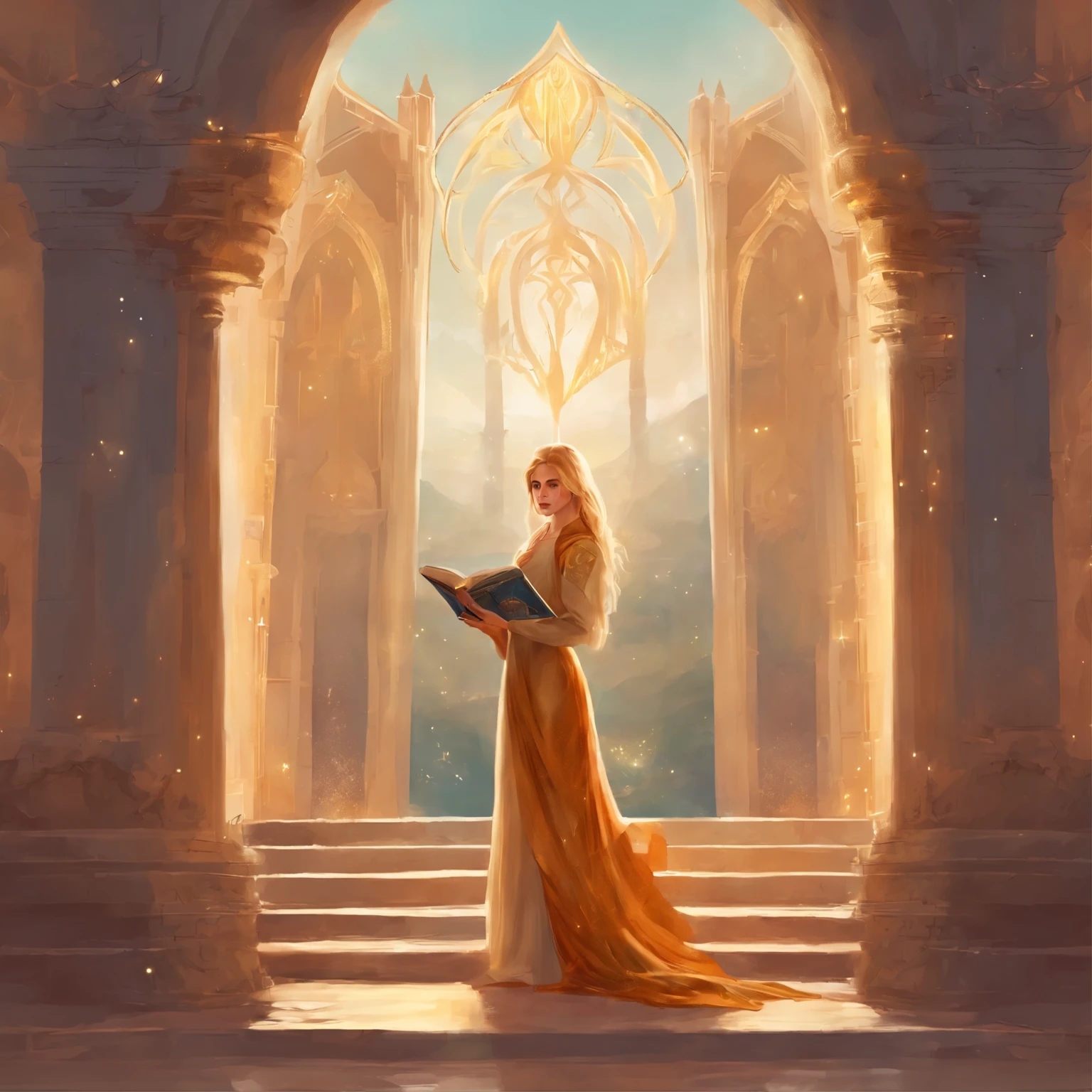 arafed woman sitting on steps reading a book while looking at the camera, a portrait inspired by Hermione Hammond, shutterstock, fine art, imogen poots as holy paladin, imogen poots as a holy warrior, imogen poots, imogen poots paladin, & her expression is solemn, imogen poots as a paladin