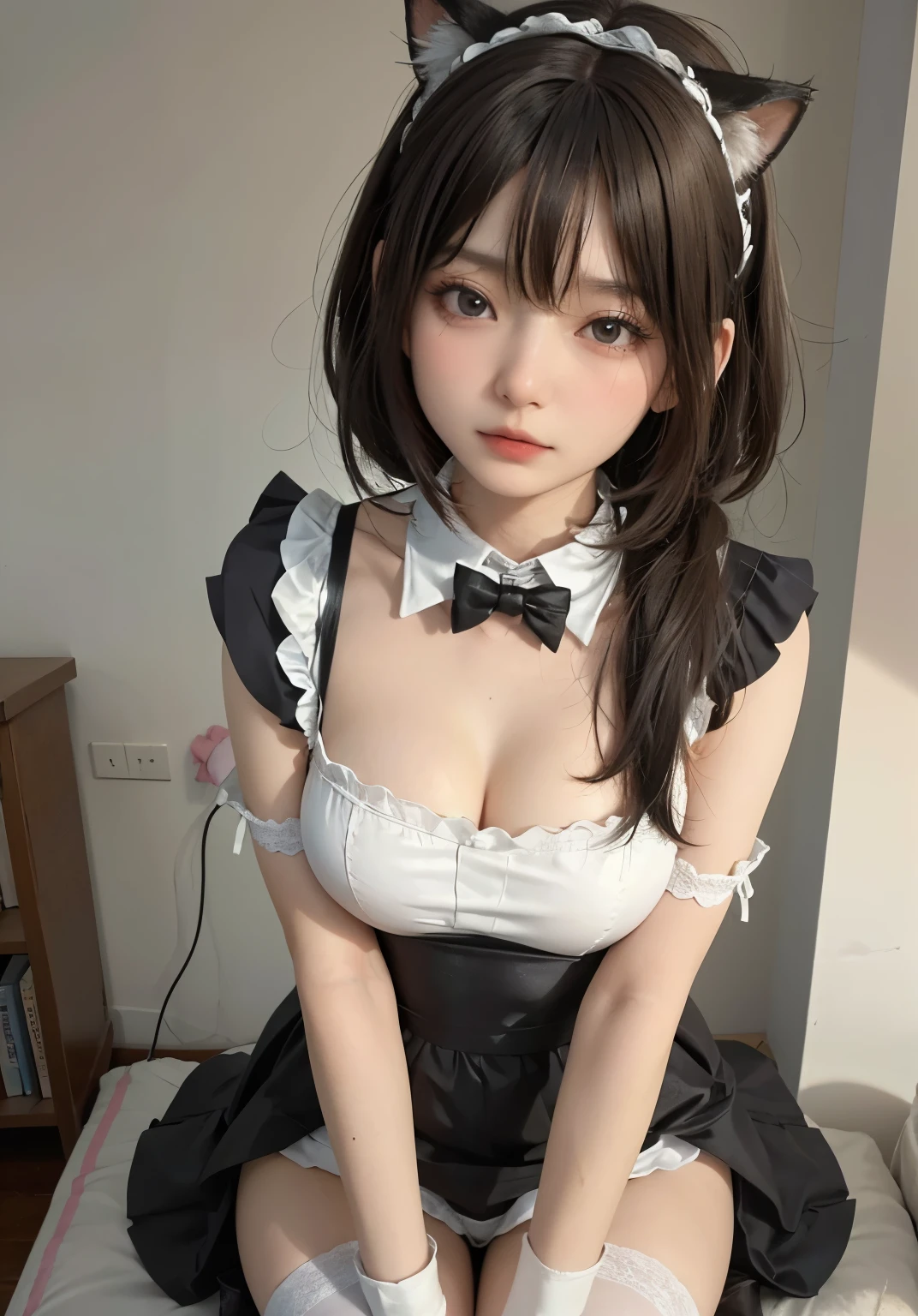 big deal ,丰满的cat ears,,,Thigh width,Lopp,,白色maid outfit,black maid outfit,japanese lady,lovely maid,cat ears的女人,harness,Kangjie,realistically,emphasize,top quality,masterpiece,1 girl 1 girl,curls,Pale complexion,cat ears,cat eyeball,thick eyebrows,thick lips,small waist,Thigh width,thigh gap,maid outfit,big dealboobediuml breasts,Legs sweat,巨big deal,,best quality,masterpiece,ultra high resolution,(Fidelity:1 girl.4 pieces),original photo,1 a girl a girl,aldult,Light,moody,innocent, korean girl, beautiful asian woman, V-shaped bust clothes, low cut,巨big deal deal,Expose the upper half of the chest,not compact,saggy big breasts,Gorgeous Chinese model, Beautiful young Korean woman, Japanese model, thick lips,duckbill,asian girl, Beautiful young Korean woman,scantily clad, beautiful korean woman, sitting on bed, Looking to the future,巨big deal deal,big deal deal,up,portrait photo,super closeup,face camera,仔細拍照masterpiece, Super detailed, ultra high resolution, (Real and lifelike photos: 1.37), Light color、detailなパンティーパターン、focus、HD RAW color photography, extremely delicate and beautiful, 非常にdetail, 8K wallpaper, Astonishing, (8K, original photography, top quality, masterpiece: 1.2), detail, 非常にdetailな目, 非常にdetailな肌, 非常にdetailな指, h非常にdetail nose, 非常にdetailな口, perfect anatomy,1 girl in, vague, vague background, Blurred foreground, blush, braid, 巨big deal山雀, depth of field, Eyebrows visible through hair, hair between eyes,short hair,alone, 巨big deal 、nogizaka idol,super close-up