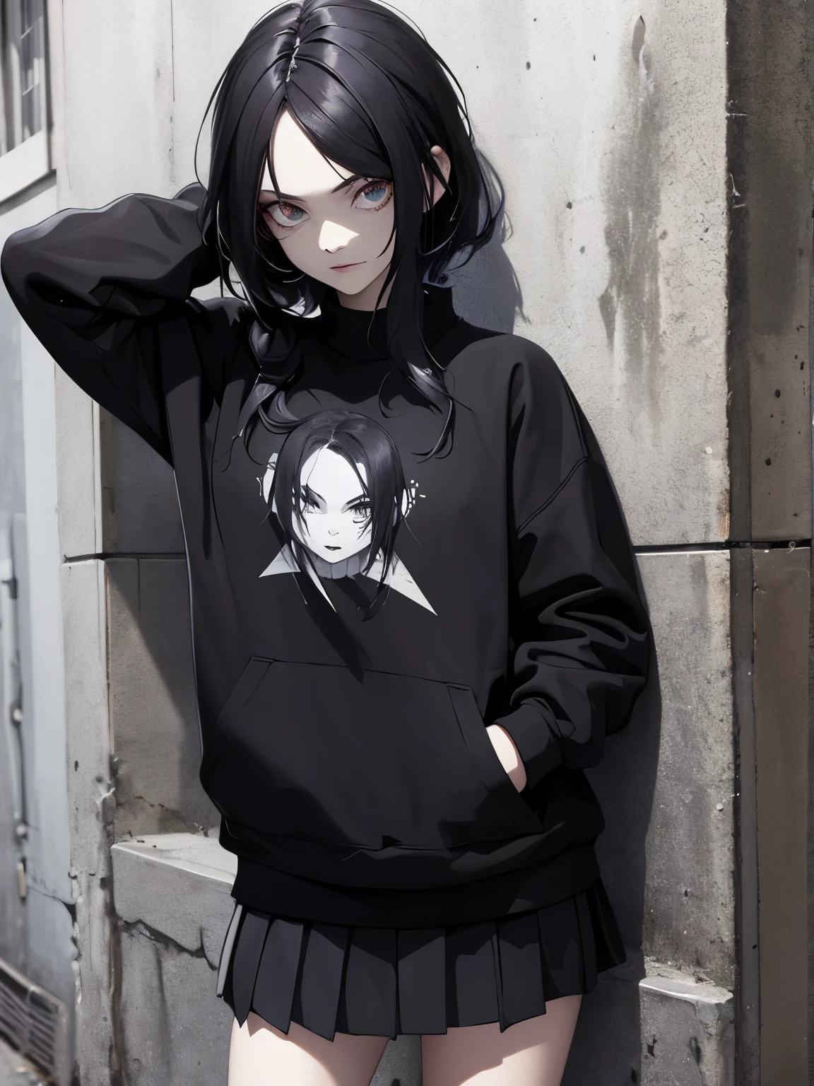woman, gothic hair style, sweatshirt, hands in pockets, leaning against wall in short skirt