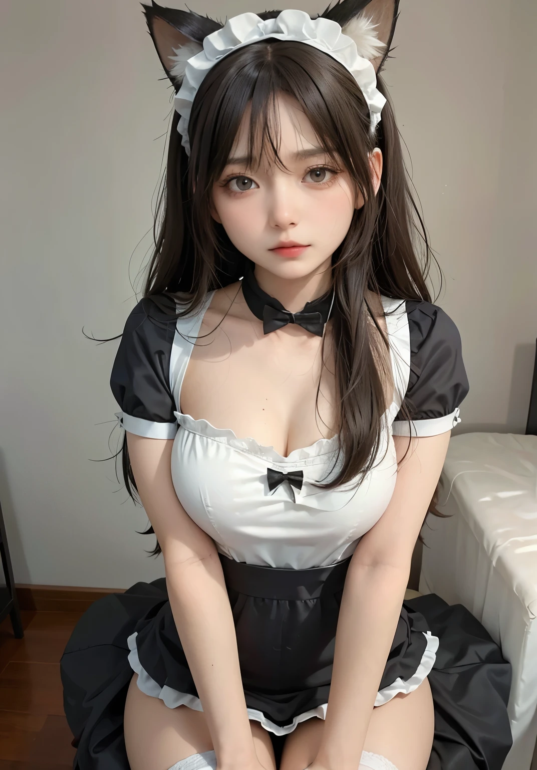 big deal ，丰满的cat ears，，livestock，Thigh width，Lopp，，白色maid outfit，japanese lady，lovely maid，cat ears的女人，harness，Kangjie，realistically，emphasize，top quality，masterpiece，1 girl 1 girl，curls，Pale complexion，cat ears，cat eyeball，thick eyebrows，thick lips，There is a scar on the right eye，freckle，，small waist，Thigh width，thigh gap，，maid outfit，，，big dealboobediuml breasts，Legs sweat，，，best quality，masterpiece，ultra high resolution，（Fidelity：1 girl.4 pieces），original photo，1 a girl a girl，Mature，，Light，moody，Innocent