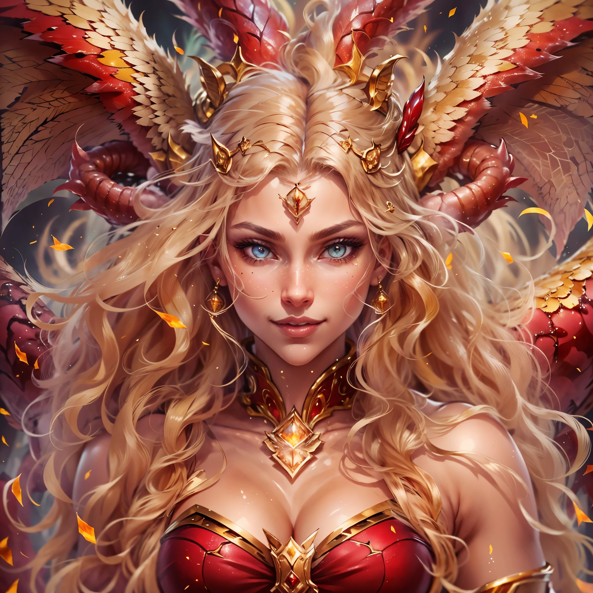 (best quality,4k,8k,highres,masterpiece:1.2), ultra-detailed, realistic, naked sexy dragon woman with red gold glittering scales, skin is glittering ruby and golden scales, long wavy blonde hair with red highlights, very playful but mischievous smile, huge tits, gigantic breasts, naked, nude, detailed crotch, detailed vulva, detailed pussy, sexy pose, spread legs, spread pussy lips, playful, bi-coloured eyes, heterochromia, lustful