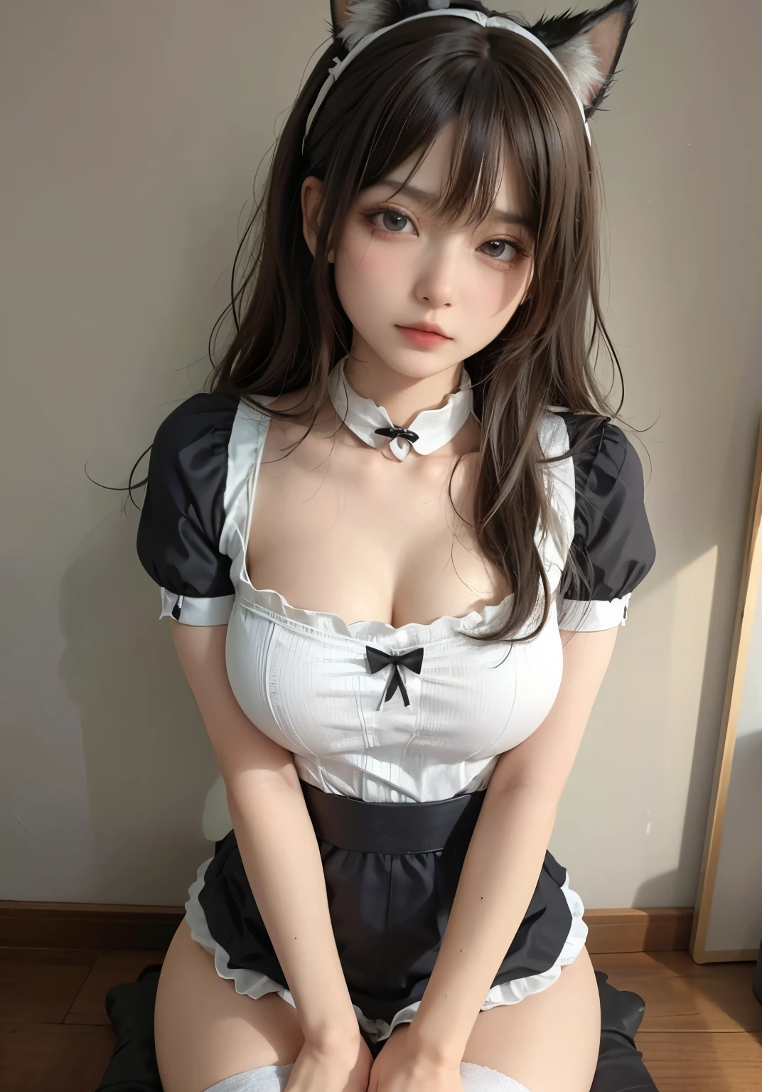 big deal ，丰满的cat ears，，livestock，Thigh width，Lopp，，白色maid outfit，japanese lady，lovely maid，cat ears的女人，harness，Kangjie，realistically，emphasize，top quality，masterpiece，1 girl 1 girl，curls，Pale complexion，cat ears，cat eyeball，thick eyebrows，thick lips，There is a scar on the right eye，freckle，，small waist，Thigh width，thigh gap，，maid outfit，，，big dealboobediuml breasts，Legs sweat，，，best quality，masterpiece，ultra high resolution，（Fidelity：1 girl.4 pieces），original photo，1 a girl a girl，Mature，，Light，moody，Innocent