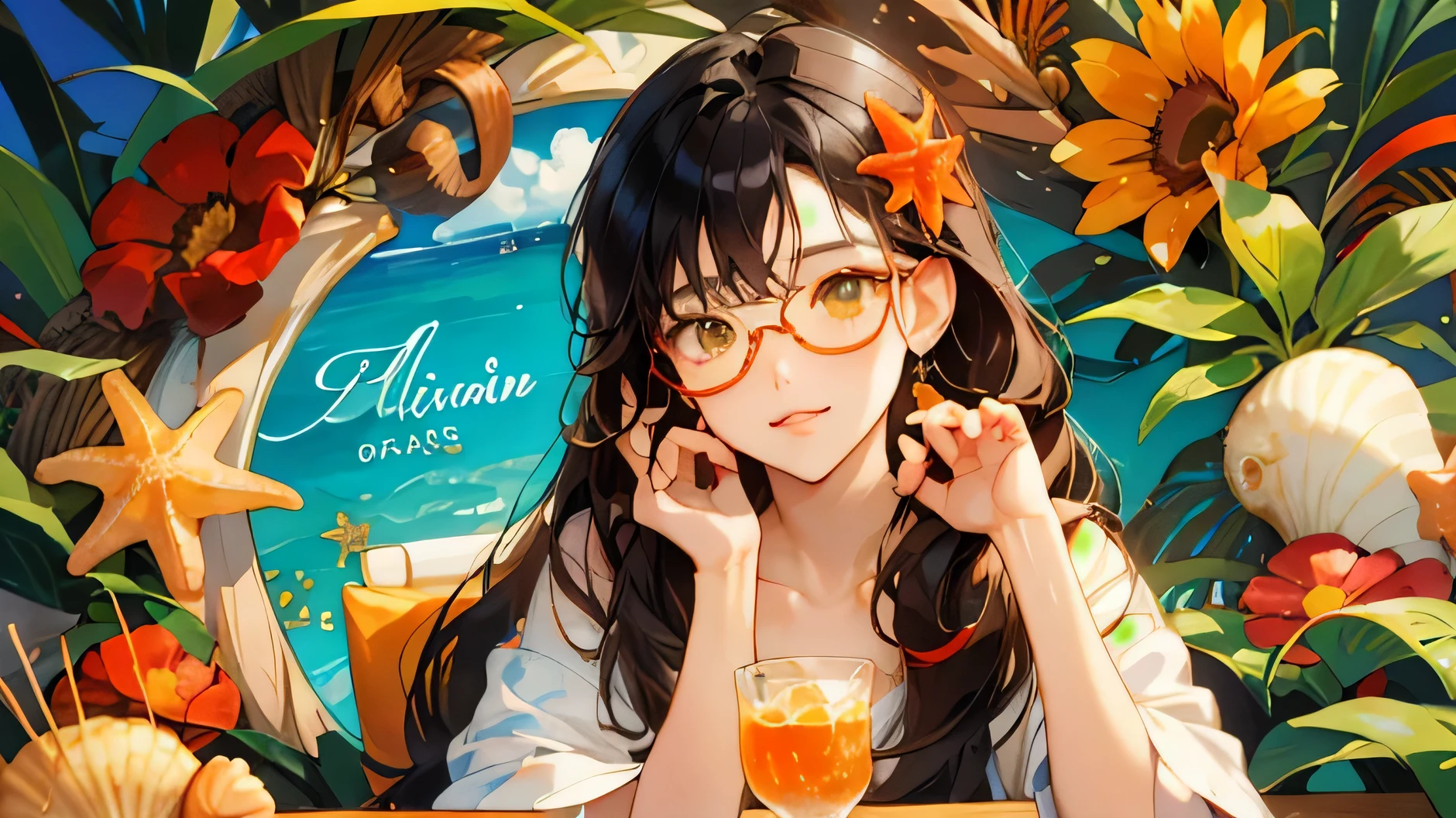 blue sky,Baiyun,Ocean,Tropical Juice,vacation,Girl,An illustration,Sitting on a chair, front view,anime