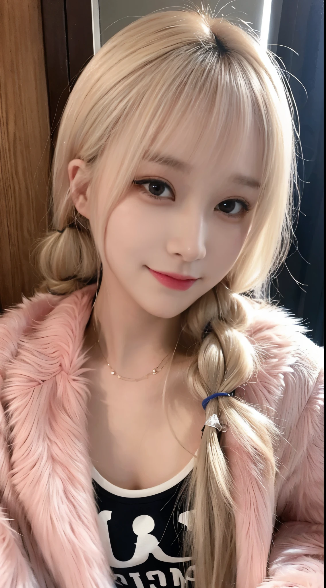 close up shot、looking at the camera、cute｟smile 1.6｠(high quality, High resolution, Super detailed, realistic:1.37),19 years old、｟blonde｠(Twintail)、B cup、Features beautiful details, cute笑顔, 1 girl、、korean woman、beautiful girl、well-groomed face、cute、pink fur coat、camisole、In town