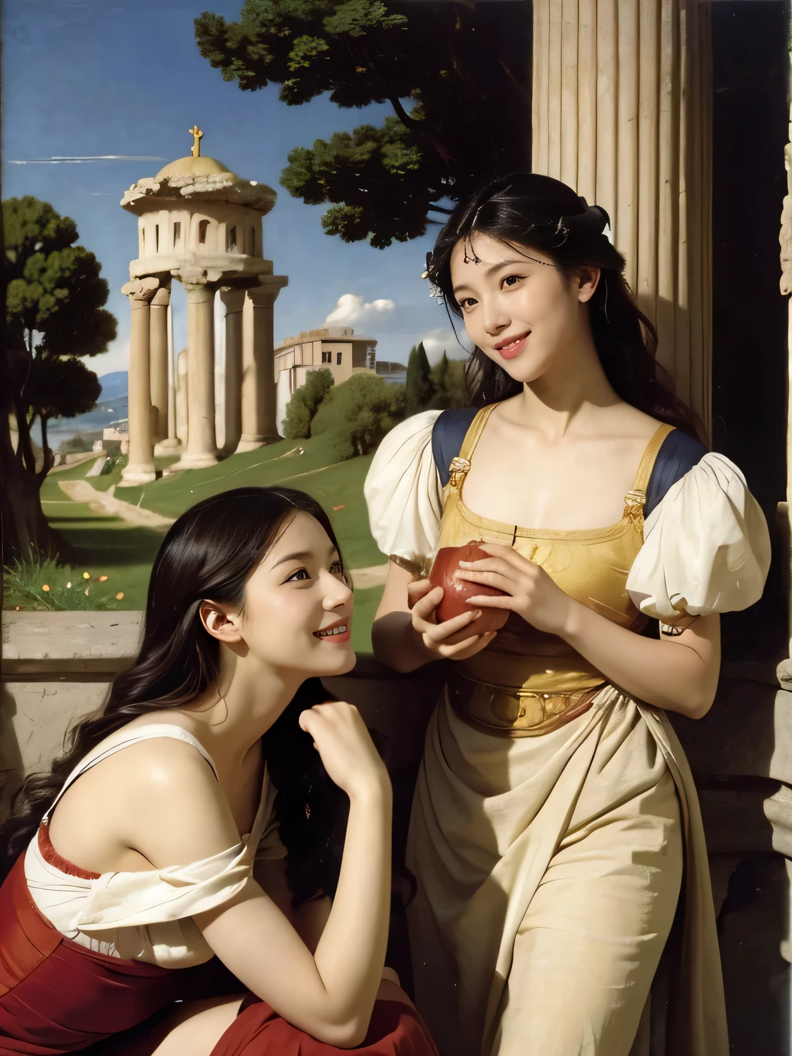 Giorgione painting style,Arguments of two female Philosophe,math、astronomical machine、astronaut、roses in vase、fruits、Cute trinkets、smile、ancient greek costume、Ancient Roman landscape in the style of Nicolas Poussin,laughter,,Sweet and seductive appearance.、Caravaggio's paintings、Chiaroscuro of Caravaggio、hair tousled by the wind,Two women frolicking,cute smile, expression of ecstasy,Sexy,erotic