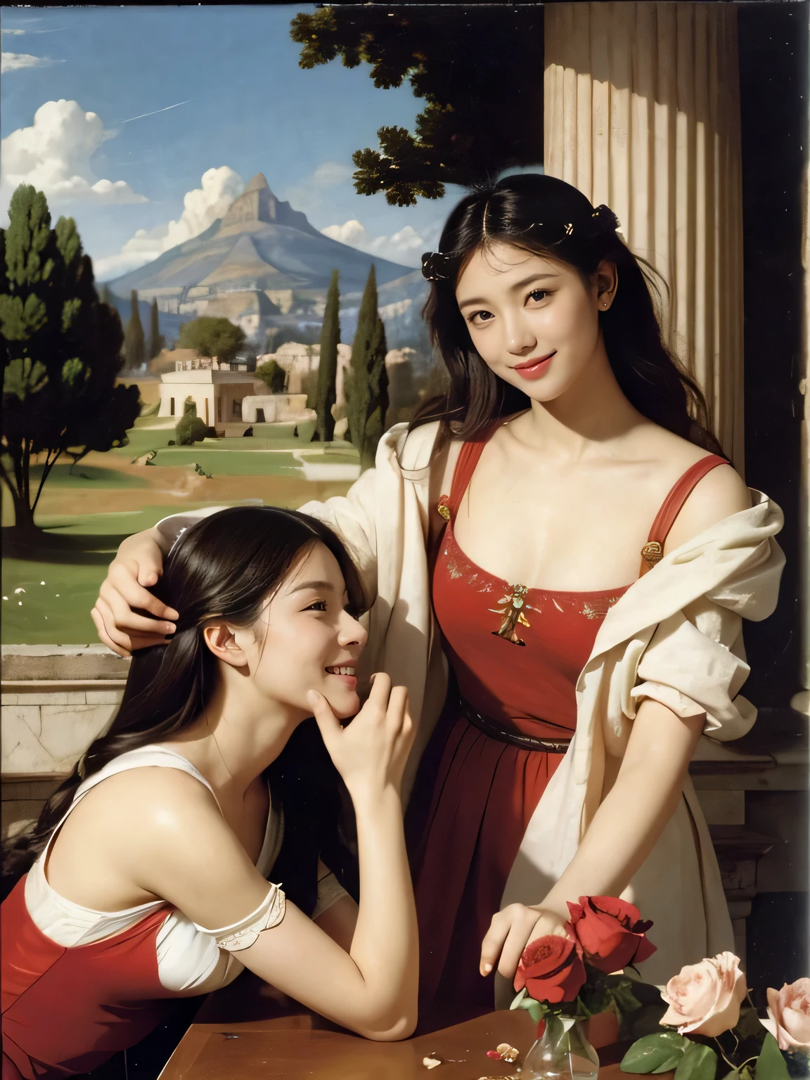 Giorgione painting style,Arguments of two female Philosophe,math、astronomical machine、astronaut、roses in vase、fruits、Cute trinkets、smile、ancient greek costume、Ancient Roman landscape in the style of Nicolas Poussin,laughter,,Sweet and seductive appearance.、Caravaggio's paintings、Chiaroscuro of Caravaggio、hair tousled by the wind,Two women frolicking,cute smile, expression of ecstasy,Sexy,erotic