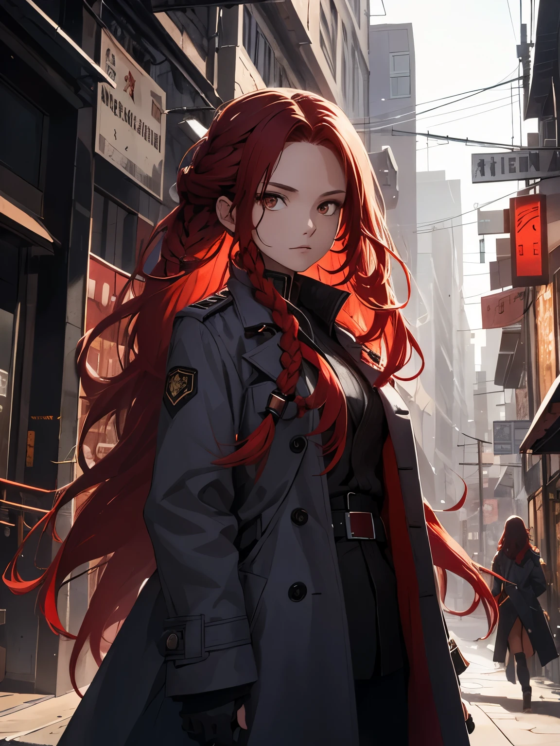 Woman, long red hair, braids, messy hair, brown eyes, light in the eyes, women's overcoat, blue katana, uniform clothes, dark city with broken background, locks of hair