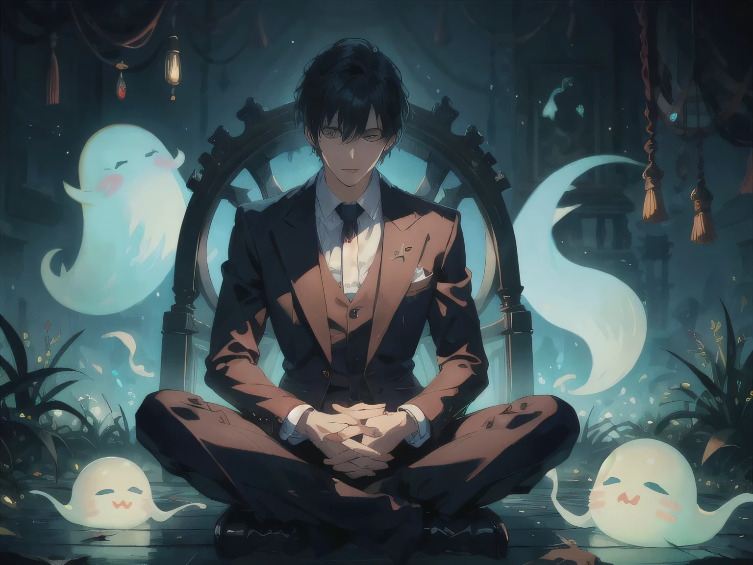 HD clear, best images, illustration quality, super detailed, a handsome teenager sitting cross-legged on the ground meditating with many translucent beast ghosts behind him