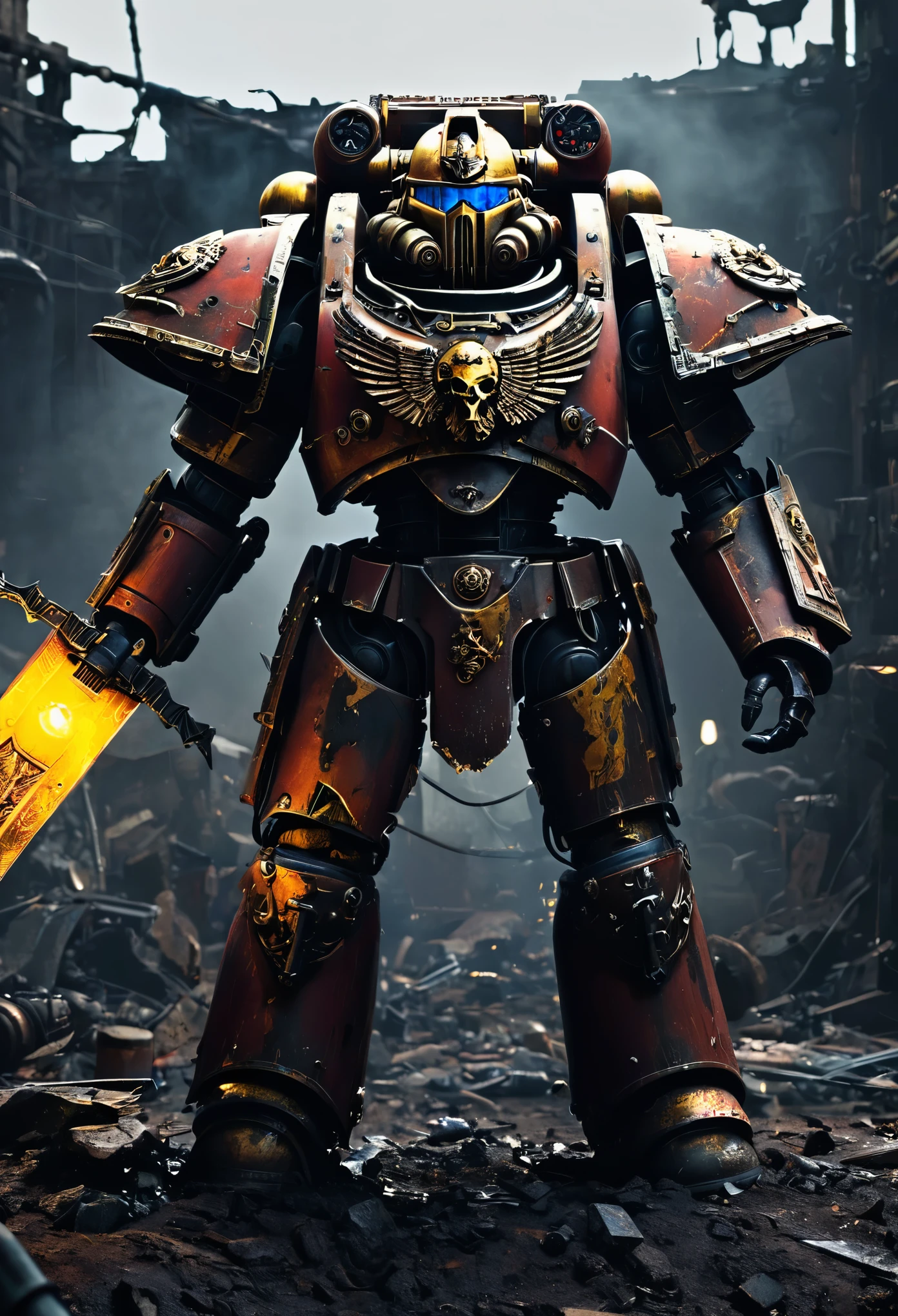 (best quality,ultra-detailed,realistic,highres,masterpiece:1.2),chaos space marine in warhammer 40k, [broken](colorful:0.9), holy reliquary, [reaching for](determined:1.1) the [Luminous chain sword](glowing:1.1), [solely lit](dimly lit:0.9) by the [sword's glow](luminous), [indicators on the marine](faintly lit), (eerie atmosphere,ominous), [ancient symbols](mystical:1.1), [dusty and aged](weathered) surroundings, [powerful armor](armored), [battle scars](battle-worn), [tension](intense), [sinister energy](dark:1.1), (contrasting shadows,subtle lighting), (action-packed, dynamic), [dystopian landscape](post-apocalyptic:1.1), [industrial elements](mechanical), [war-torn scene](destruction), (abandoned,desolate), [ominous aura](foreboding), vibrant [color palette](rich colors), [(distorted) reflections](mirrored), (aural chaos,sounds of battle,echoing footsteps), [epic confrontation](high stakes), [cascading sparks](electricity), [intense atmosphere](charged), explosive [visual effects](dramatic), [tense composition](balanced), [impressive details](intricate), [contrasting textures](variety of surfaces), (dramatic composition, dynamic angles), [ominous presence](menacing).

Please note，The above prompt is exemplary，You can play as much as you want，Add or remove details，But please ensure overall high quality and consistency，and consistent with the given theme。