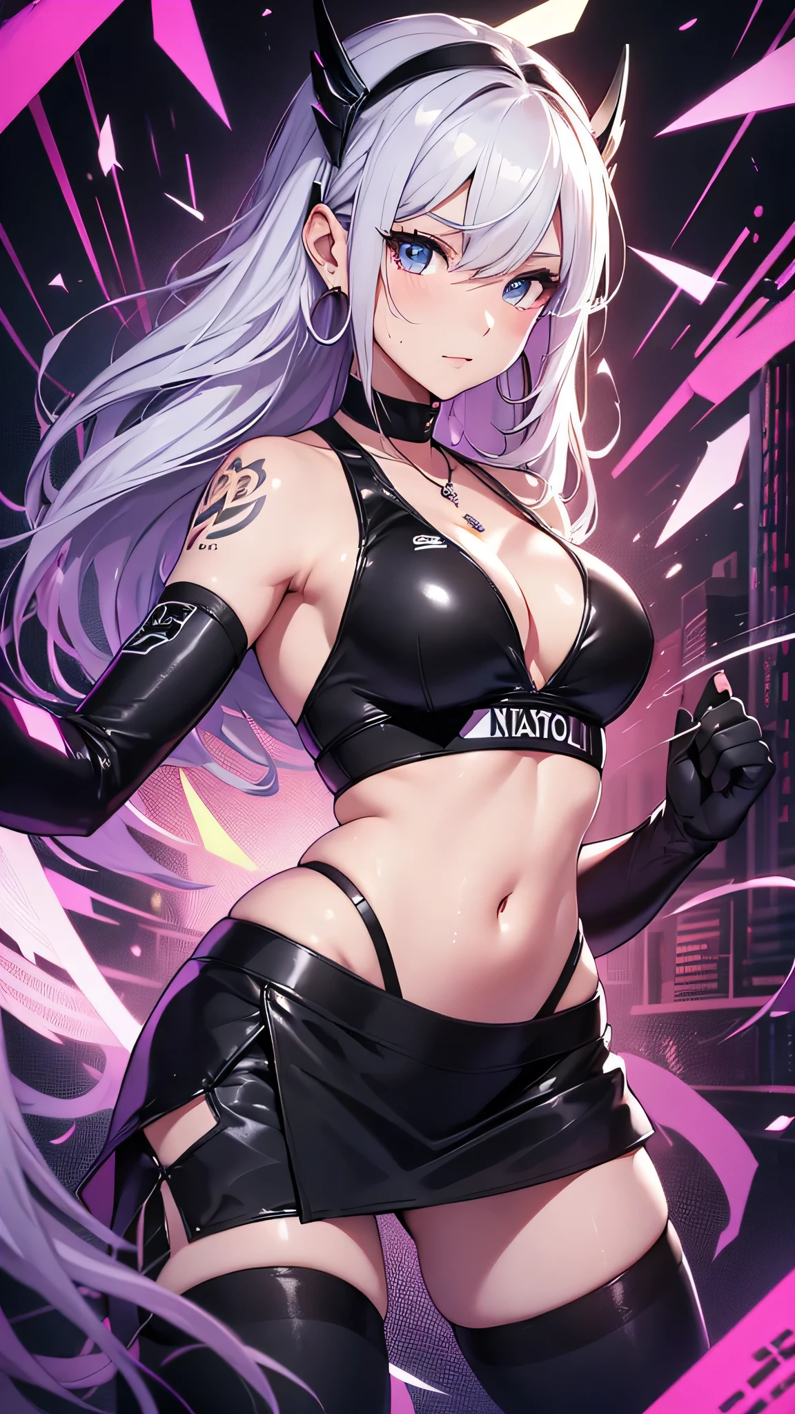 最high quality、best image quality、masterpiece、girl((20-year-old、 By becoming、vest bust、medium bust,wide open breast tea、shining eyes, silver hair、long hair、thin,highest valley、black sports bra、black sports pants、black short skirt、shoulder tattoo,diamond earrings、Wristband、black gloves、necklace、fighting pose、scattering sweat、sweating、punch)),high quality、beautiful art、background((Virtual space、neon lighting、neon light、virtual ring))、Flight、debris flies、Depth of written boundary、movie、visual art、perfect art、8K,genuine、Dynamic Performance