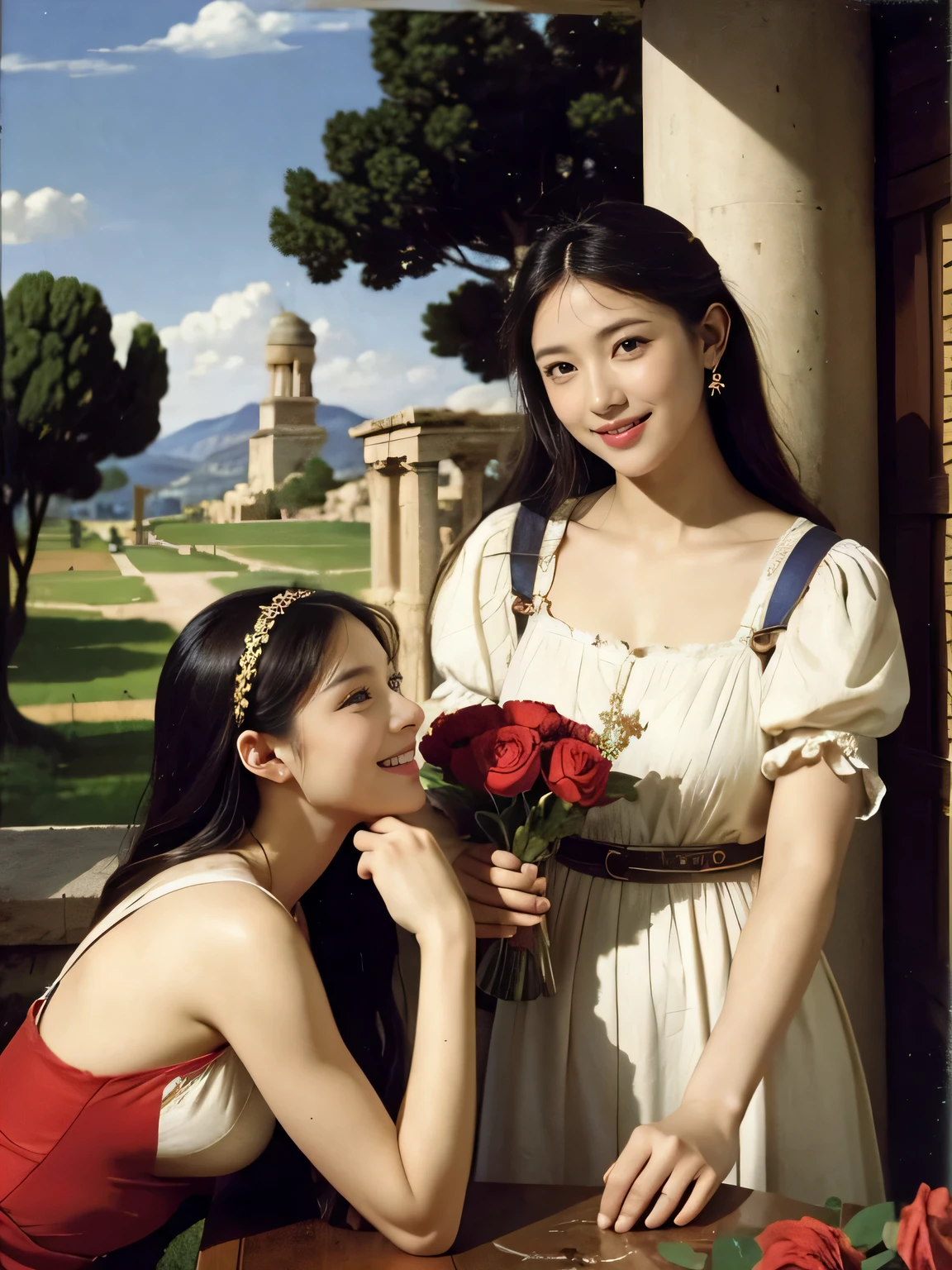 Giorgione painting style,Arguments of two female Philosophe,math、astronomical machine、astronaut、roses in vase、fruits、Cute trinkets、smile、ancient greek costume、Ancient Roman landscape in the style of Nicolas Poussin,laughter,,Sweet and seductive appearance.、Caravaggio's paintings、Chiaroscuro of Caravaggio、hair tousled by the wind,Two women frolicking,cute smile, expression of ecstasy,Sexy,erotic