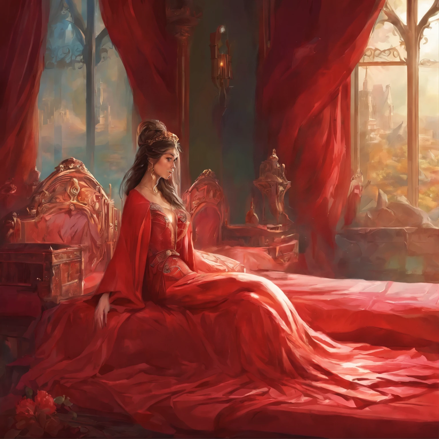 araffe woman in red dress sitting on a bed with a heart shaped pillow, satin, posing in bed, in the bedroom at a sleepover, long cloths red like silk, someone sits in bed, while posing in the same bed, long luxurious gown, in a bedroom!!!!!!!!!!!!!!!!!!!!, fully clothed in red robes, the catholic pope in his bed