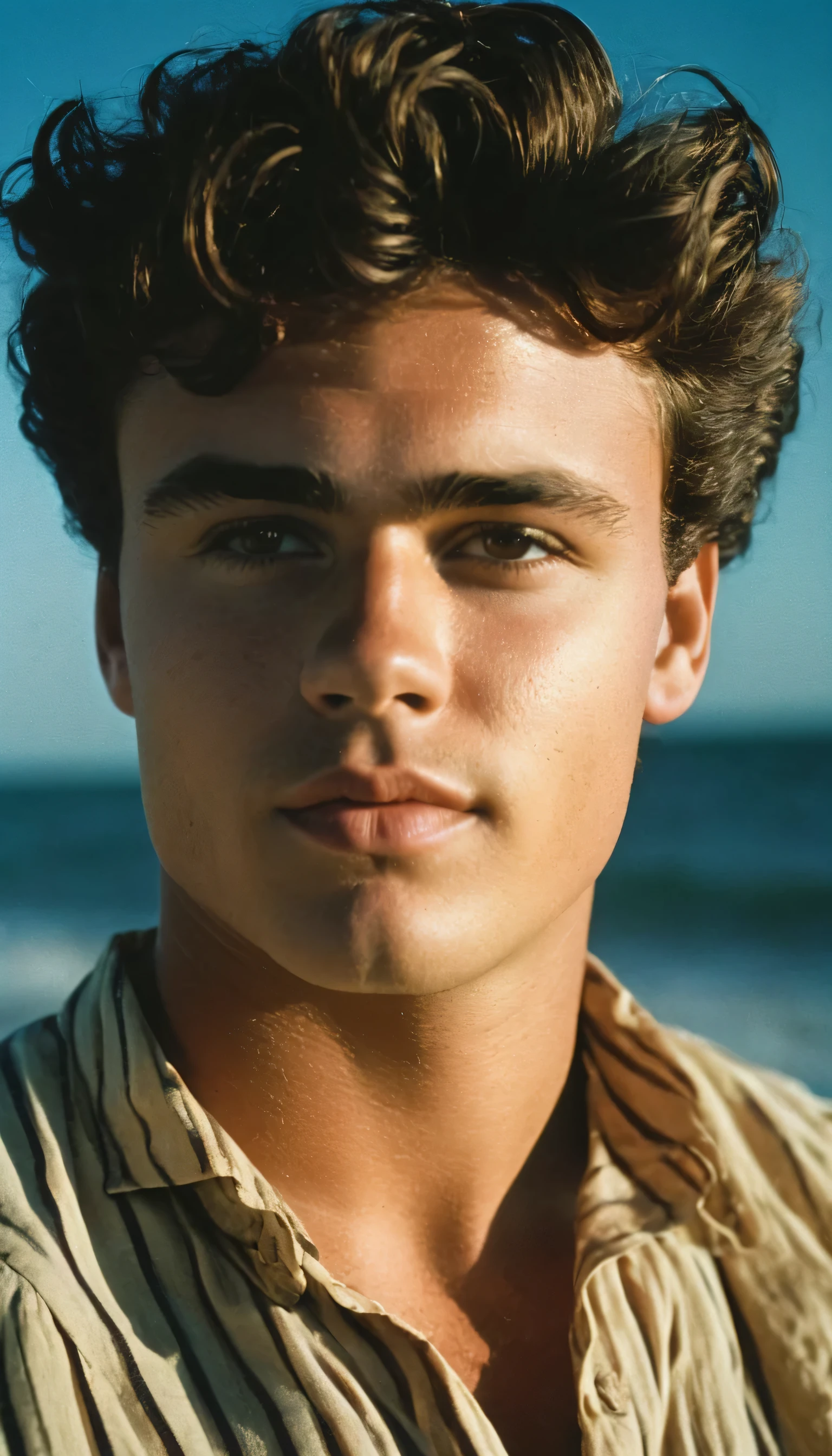 Vintage photo of a young man, 22 years-old, brown-black hair, short curly quiff haircut, brown eyes, caucasian, round face, oval-shaped jawline, stubble, bulbous nose, full lips, thick eyebrows, soft features, stocky broad frame, chubby, handsome, resembles a young John C Reilly, (ruffled pirate shirt:1.1), silhouette, backlit, split lighting, half face in shadow, RAW Photograph, dslr, hard lighting, hard shadows, high quality, film grain, Fujifilm XT3, detailed skin with visible pores, insane details, masterpiece, 8k, 35mm photograph, dslr, kodachrome, faded film, desaturated, 35mm photo, grainy, vintage, Kodachrome, Lomography, stained, highly detailed, found footage, close-up shot