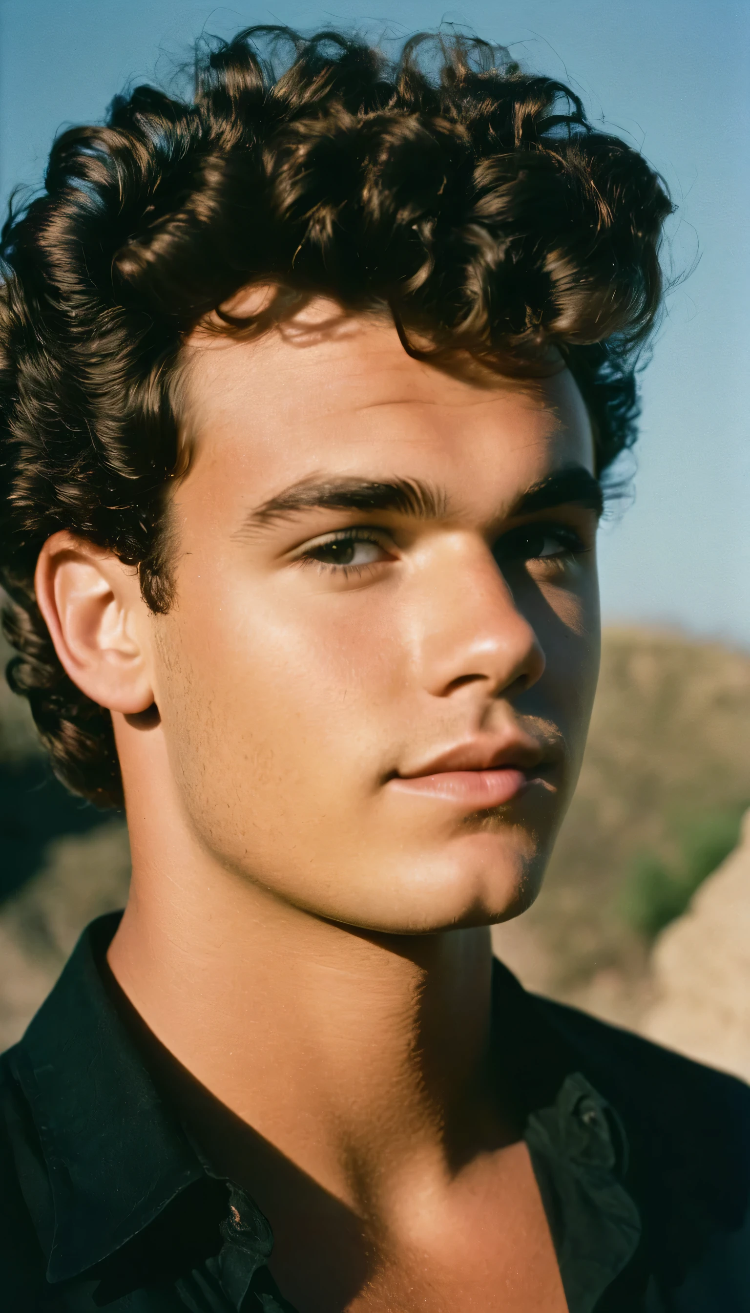 Vintage photo of a young man, 22 years-old, brown-black hair, short curly quiff haircut, brown eyes, caucasian, round face, oval-shaped jawline, stubble, bulbous nose, full lips, thick eyebrows, soft features, stocky broad frame, chubby, handsome, resembles a young John C Reilly, (ruffled pirate shirt:1.1), silhouette, backlit, split lighting, half face in shadow, RAW Photograph, dslr, hard lighting, hard shadows, high quality, film grain, Fujifilm XT3, detailed skin with visible pores, insane details, masterpiece, 8k, 35mm photograph, dslr, kodachrome, faded film, desaturated, 35mm photo, grainy, vintage, Kodachrome, Lomography, stained, highly detailed, found footage, close-up shot