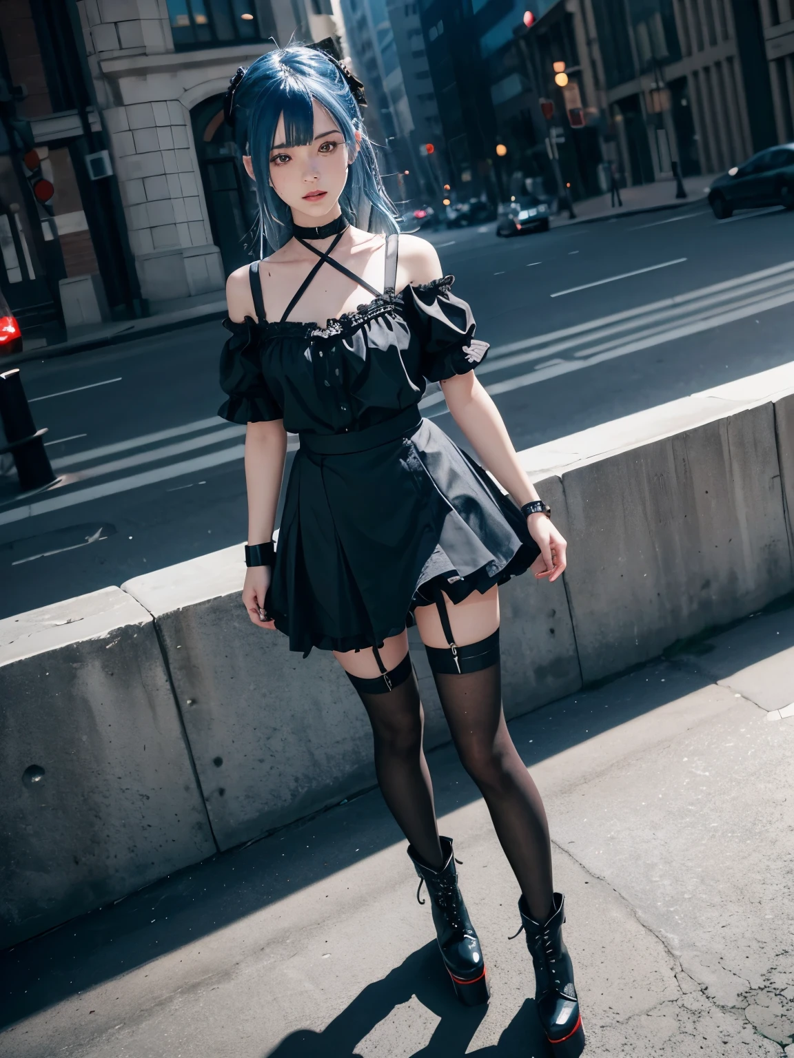 Freckles, blue hair, grey eyes, freckles, 1girl,   missmatch, red and black skirt, thighhigh and kneehigh, short sleeves, frills, choker, black shirt, thigh strap, asymmetrical legwear, platform boots, standing, cityscape,